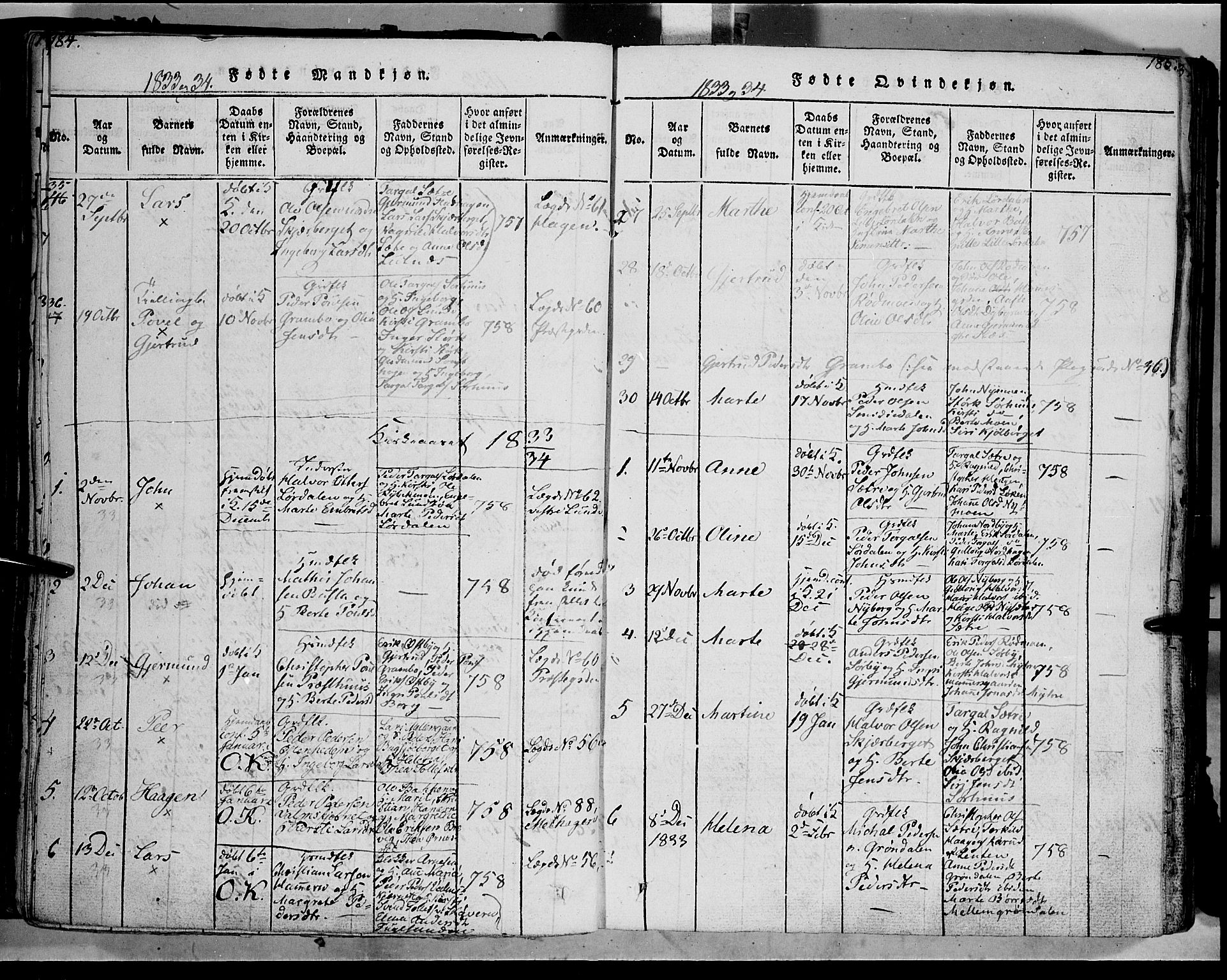 Trysil prestekontor, AV/SAH-PREST-046/H/Ha/Haa/L0003: Ministerialbok nr. 3 /1, 1814-1841, s. 184-185
