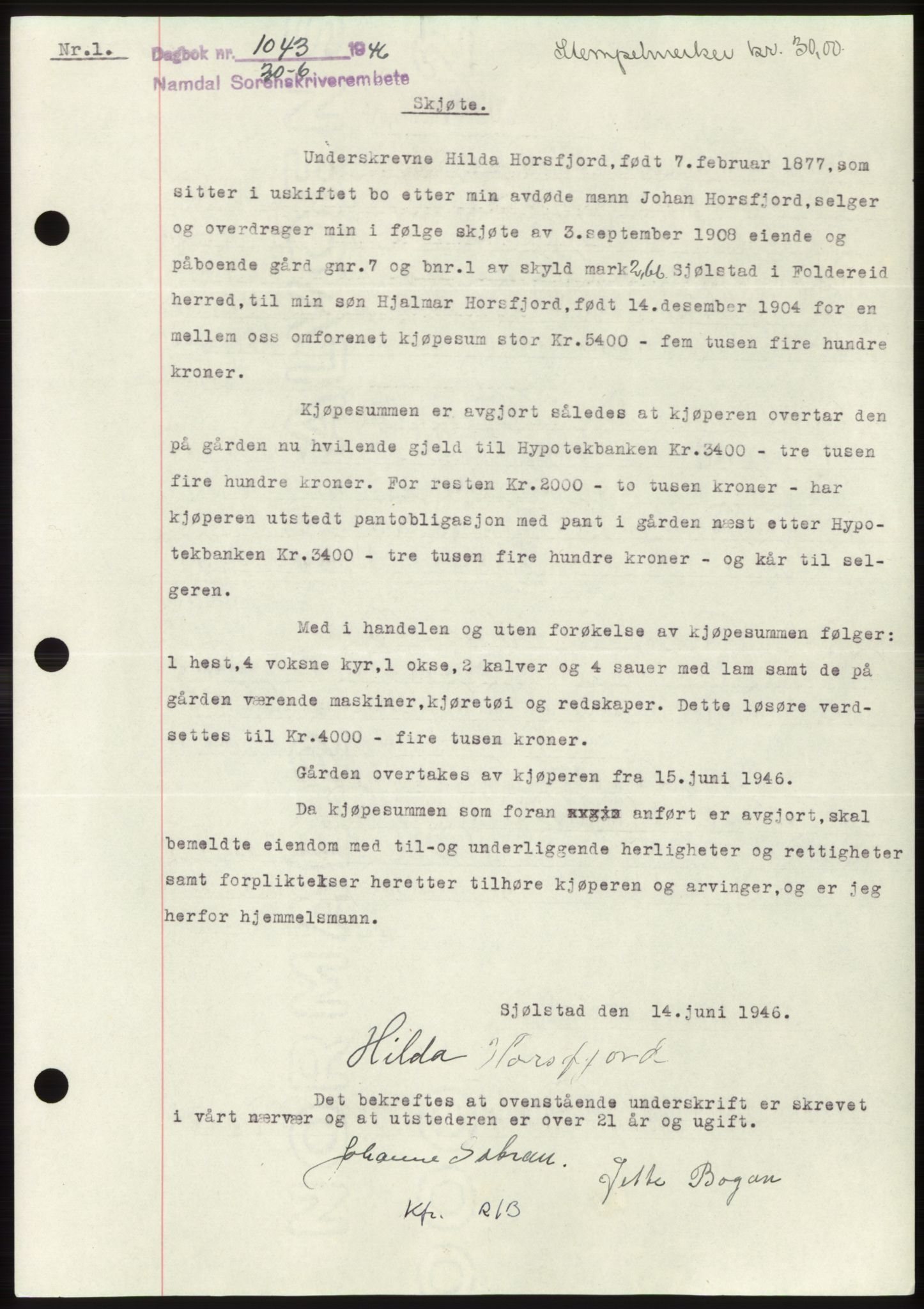 Namdal sorenskriveri, SAT/A-4133/1/2/2C: Pantebok nr. -, 1946-1946, Dagboknr: 1043/1946