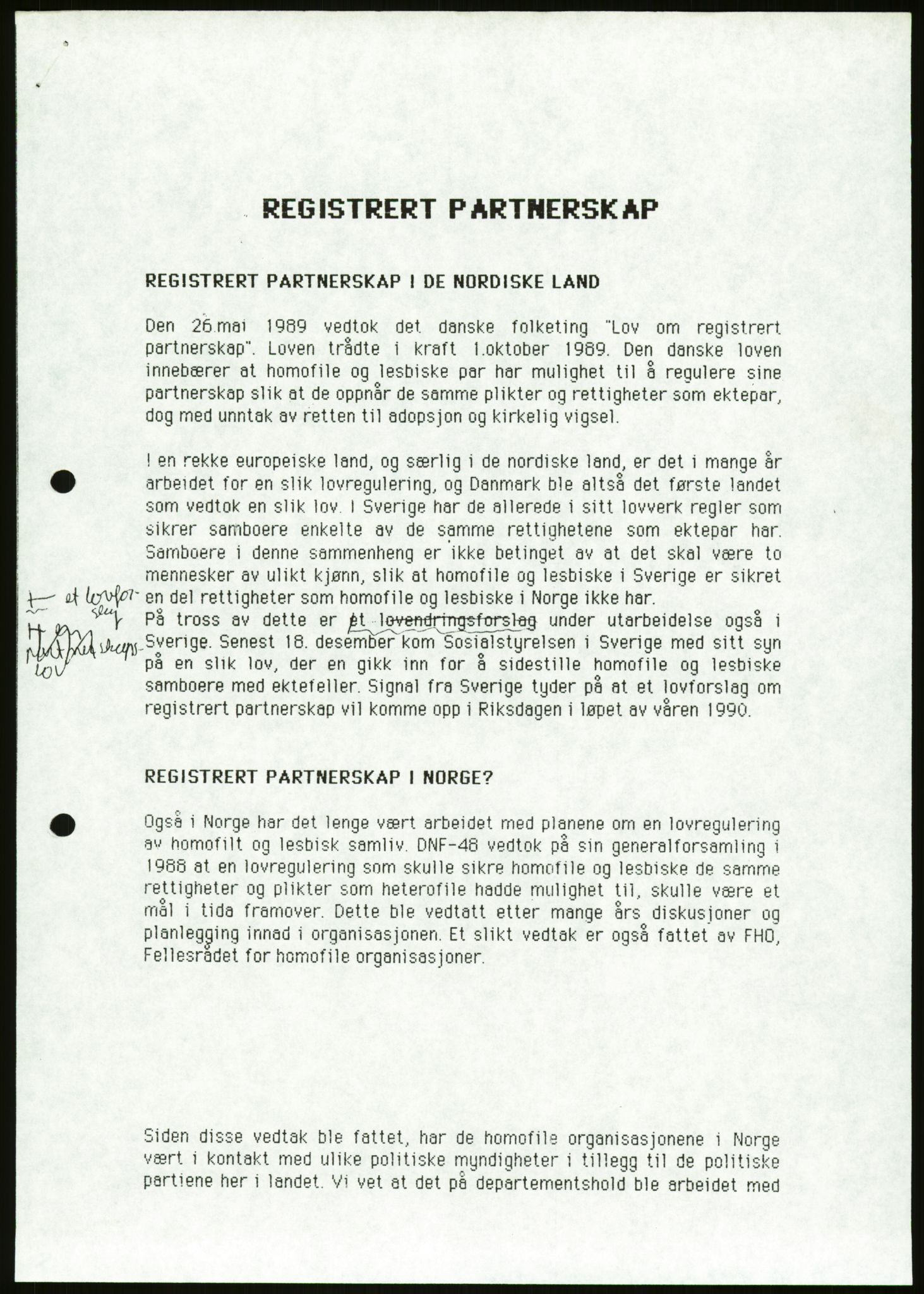 Det Norske Forbundet av 1948/Landsforeningen for Lesbisk og Homofil Frigjøring, AV/RA-PA-1216/D/Da/L0001: Partnerskapsloven, 1990-1993, s. 401