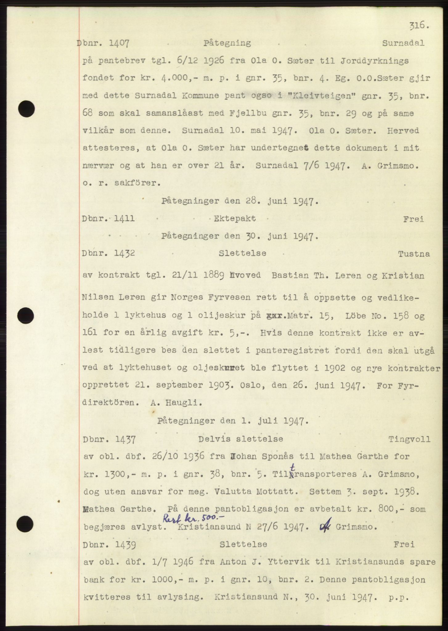 Nordmøre sorenskriveri, SAT/A-4132/1/2/2Ca: Pantebok nr. C82b, 1946-1951, Dagboknr: 1407/1947