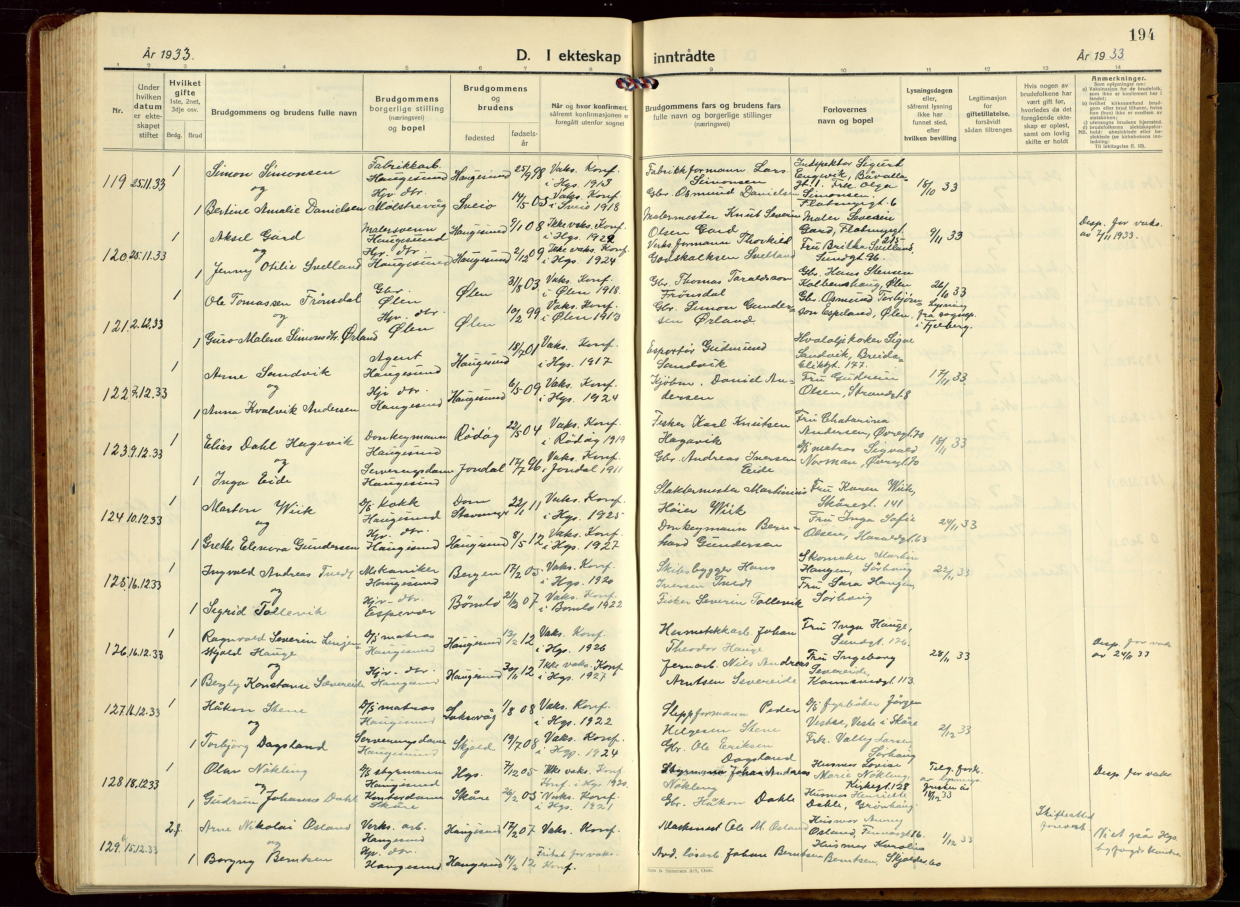 Haugesund sokneprestkontor, AV/SAST-A -101863/H/Ha/Hab/L0013: Klokkerbok nr. B 13, 1931-1943, s. 194