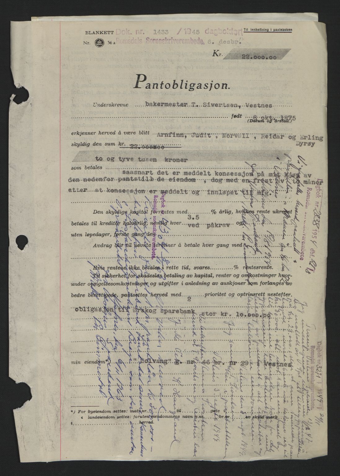 Romsdal sorenskriveri, SAT/A-4149/1/2/2C: Pantebok nr. B2, 1939-1945, Dagboknr: 1435/1945