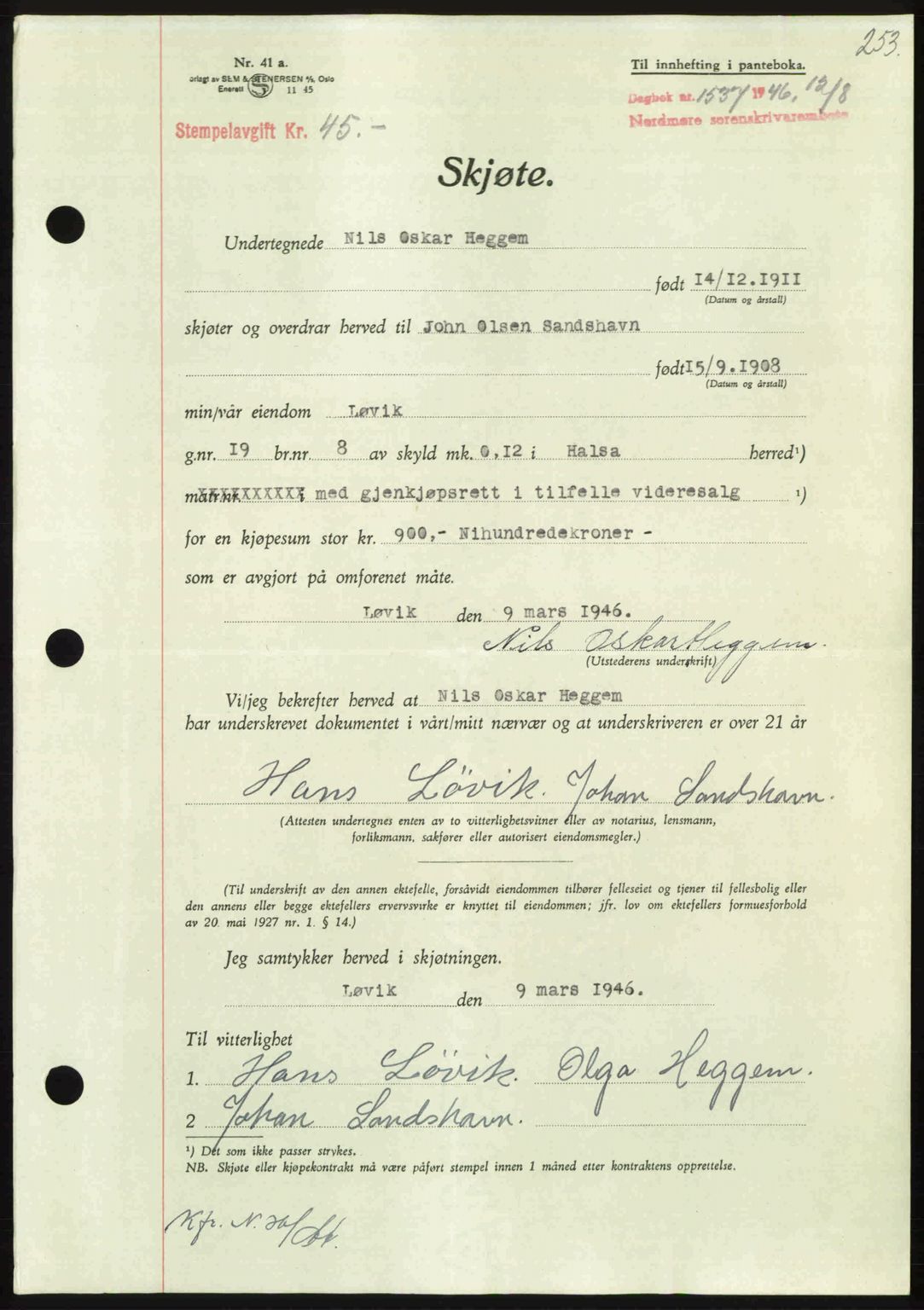 Nordmøre sorenskriveri, SAT/A-4132/1/2/2Ca: Pantebok nr. A102, 1946-1946, Dagboknr: 1537/1946