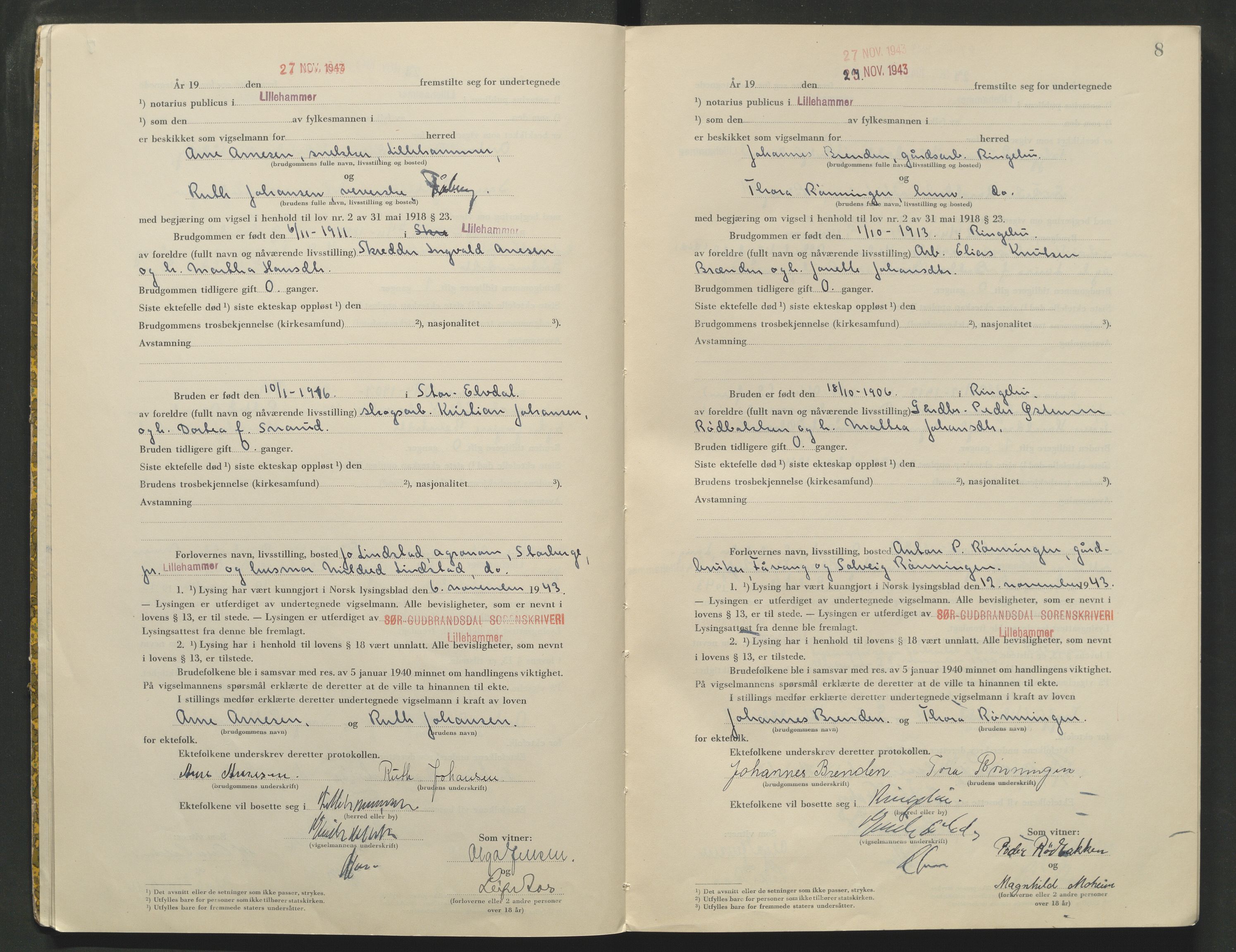 Sør-Gudbrandsdal tingrett, AV/SAH-TING-004/L/Lc/L0004: Vigselsprotokoll, 1943-1944, s. 8