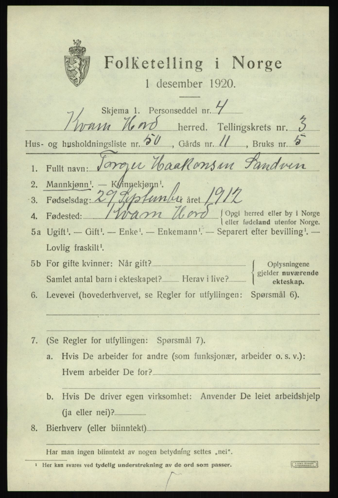 SAB, Folketelling 1920 for 1238 Kvam herred, 1920, s. 3149