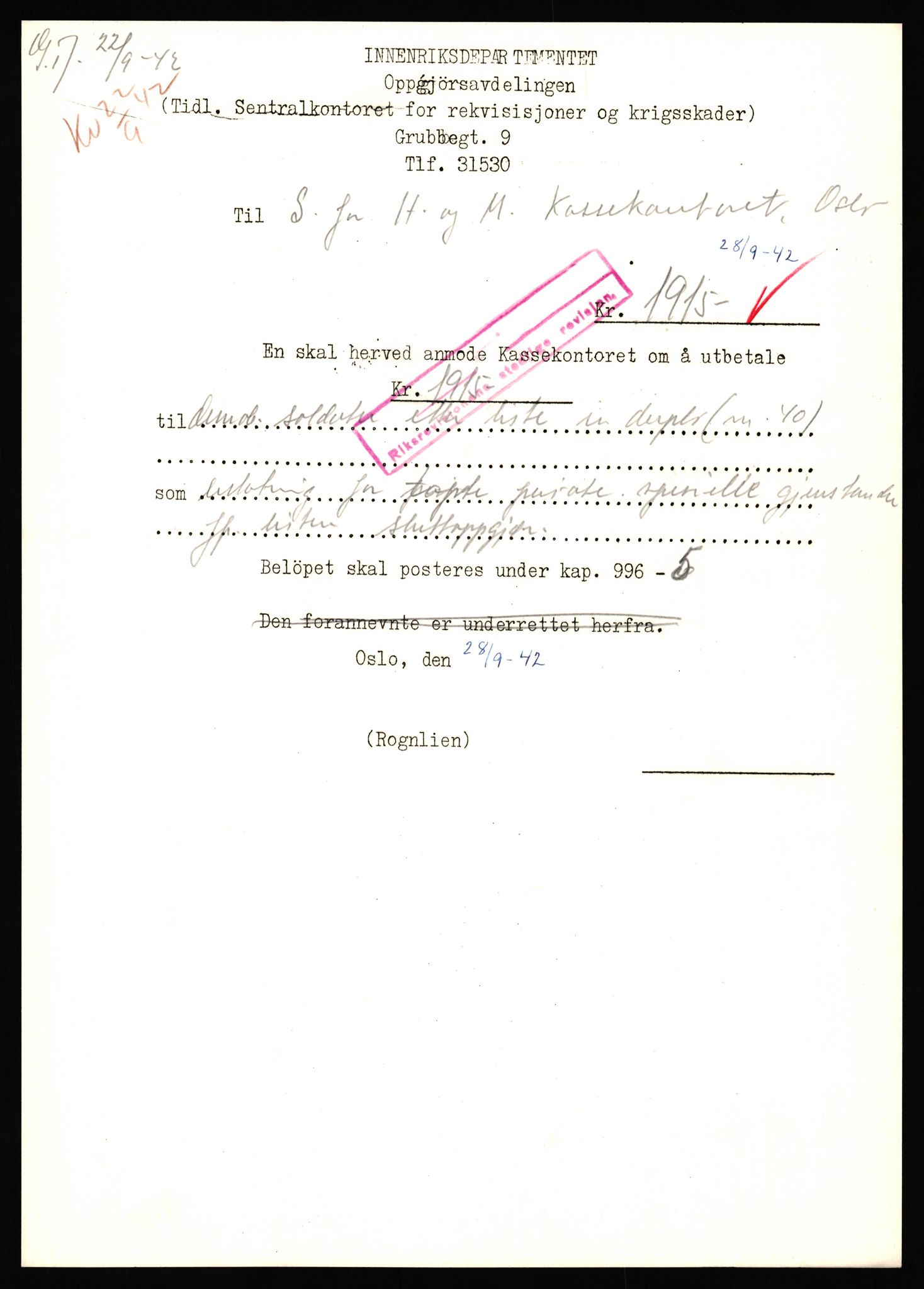 Justisdepartementet, Oppgjørsavdelingen, AV/RA-S-1056/G/Gb/L0095: Spesiallister m.v., 1940-1943, s. 134