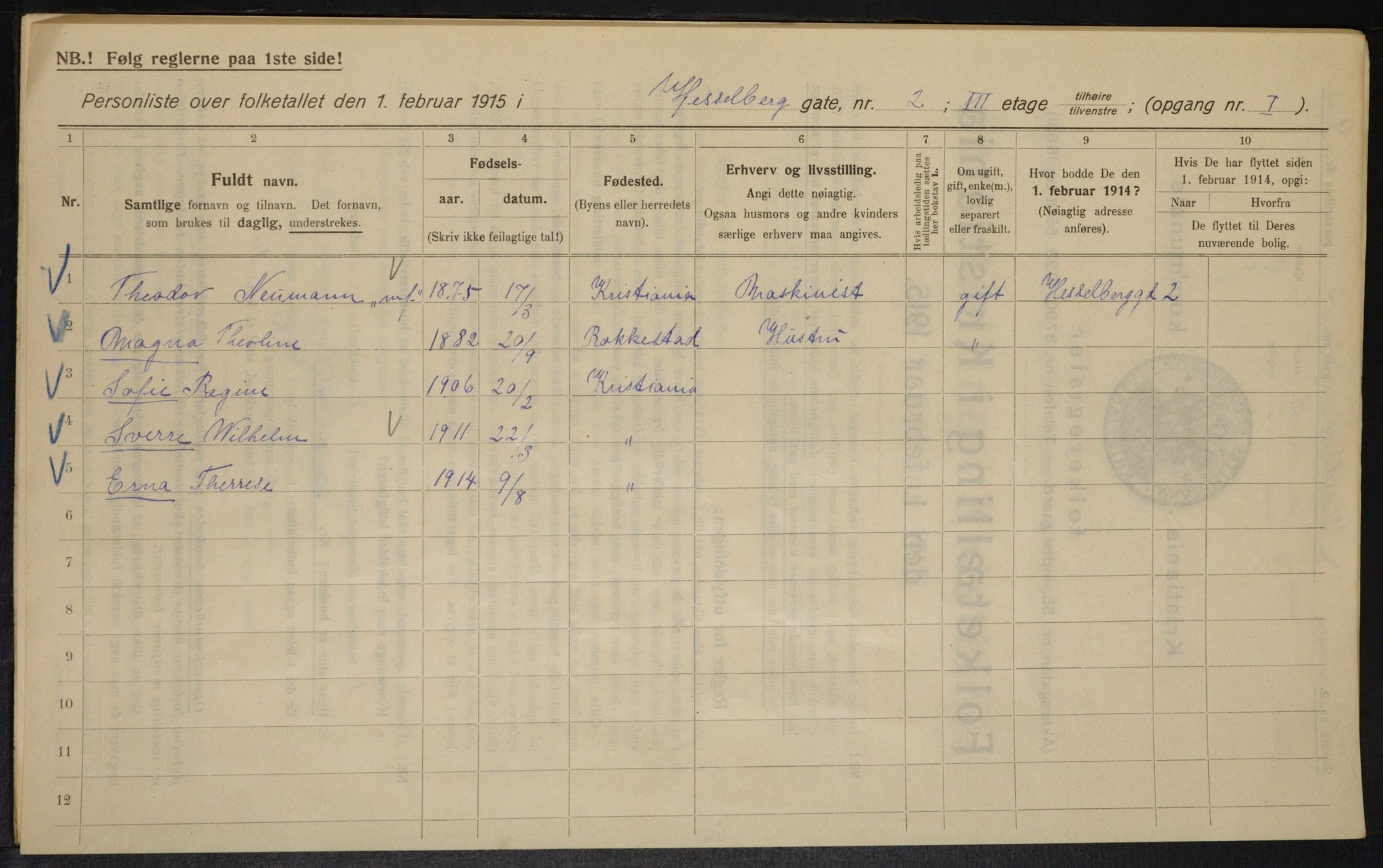 OBA, Kommunal folketelling 1.2.1915 for Kristiania, 1915, s. 39456