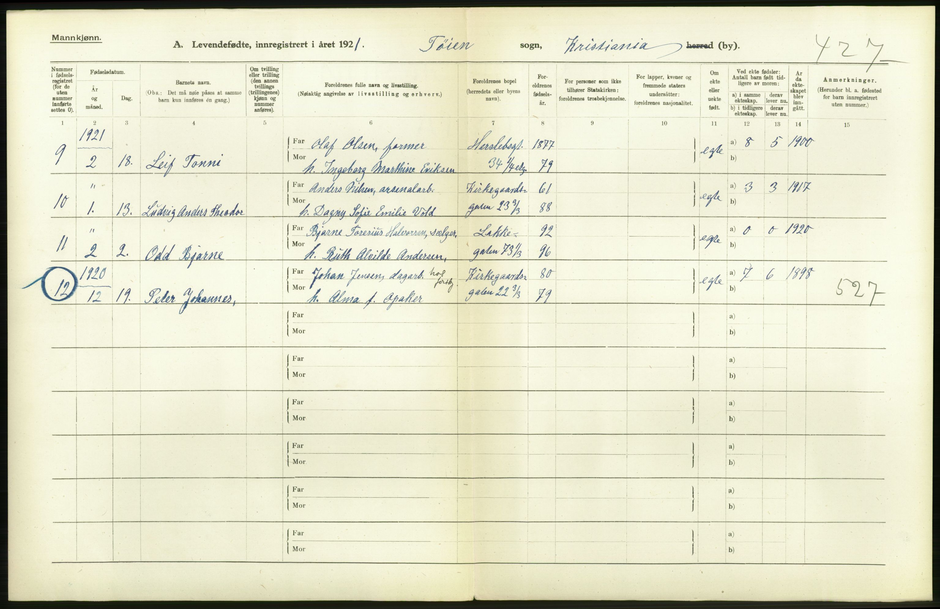 Statistisk sentralbyrå, Sosiodemografiske emner, Befolkning, RA/S-2228/D/Df/Dfc/Dfca/L0009: Kristiania: Levendefødte menn og kvinner., 1921, s. 276