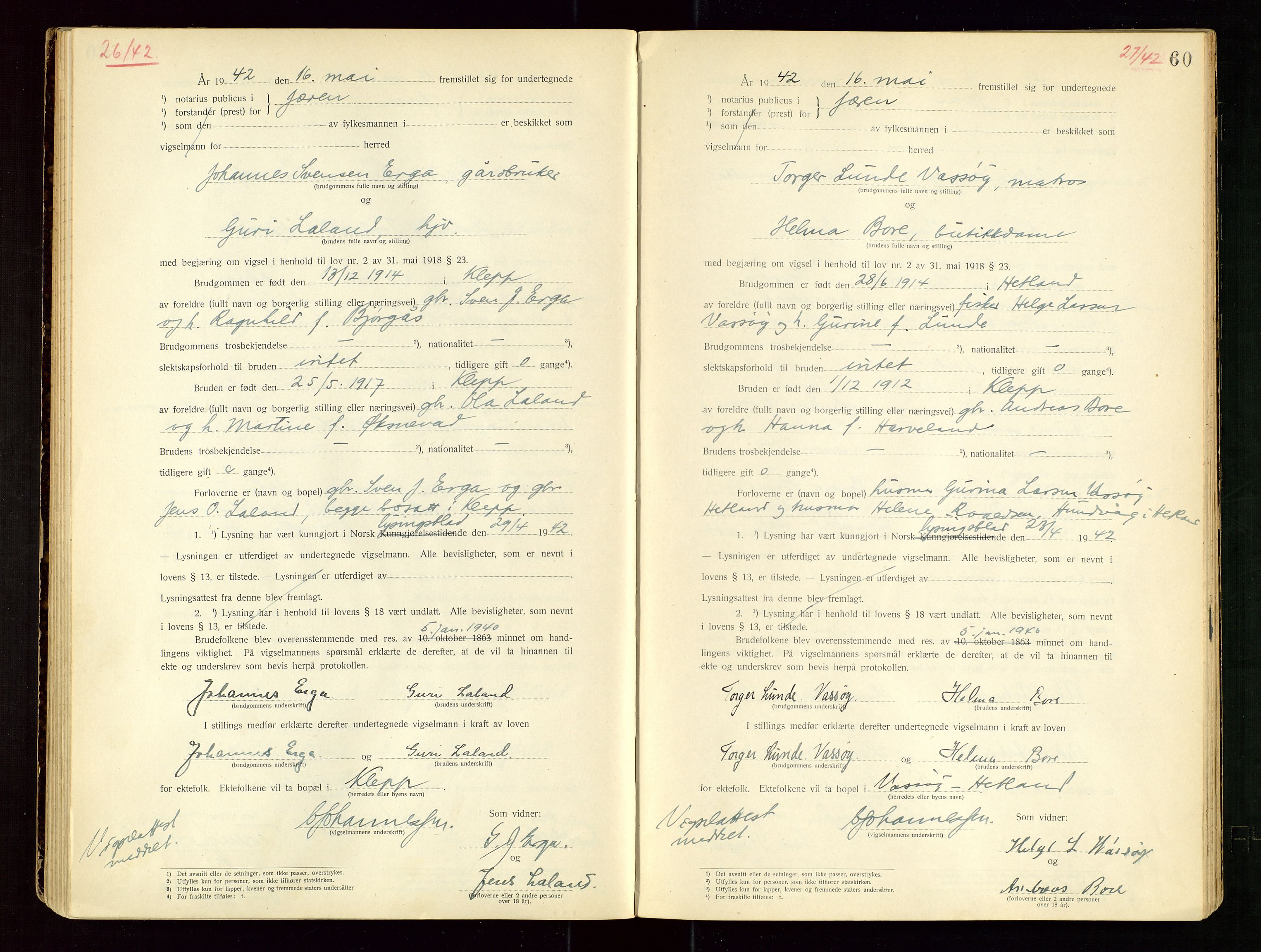 Jæren sorenskriveri, AV/SAST-A-100310/01/6/62/62BA/L0002: VIGSELSPROTOKOLL, 1937-1942, s. 60