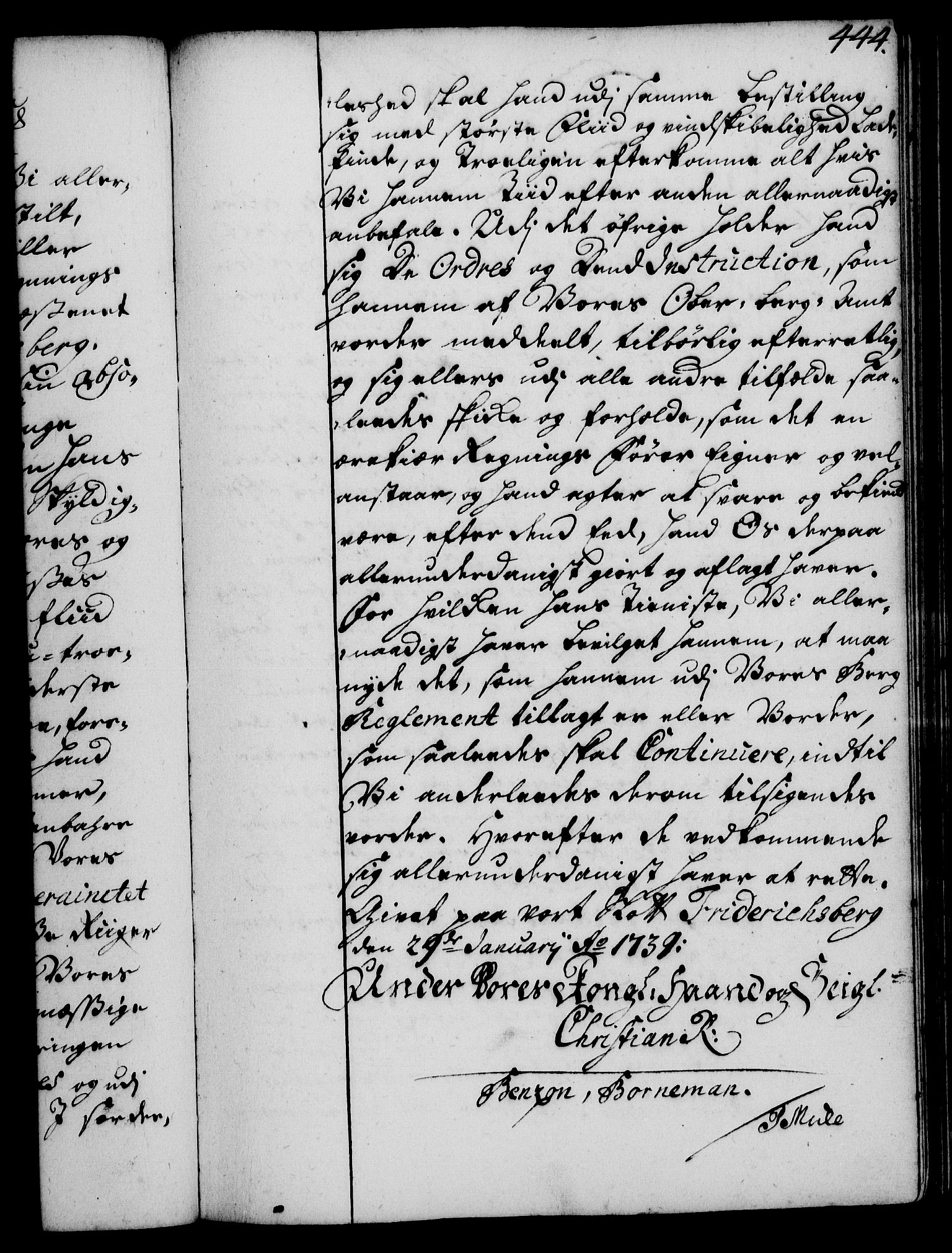 Rentekammeret, Kammerkanselliet, RA/EA-3111/G/Gg/Gge/L0002: Norsk bestallingsprotokoll med register (merket RK 53.26), 1730-1744, s. 444