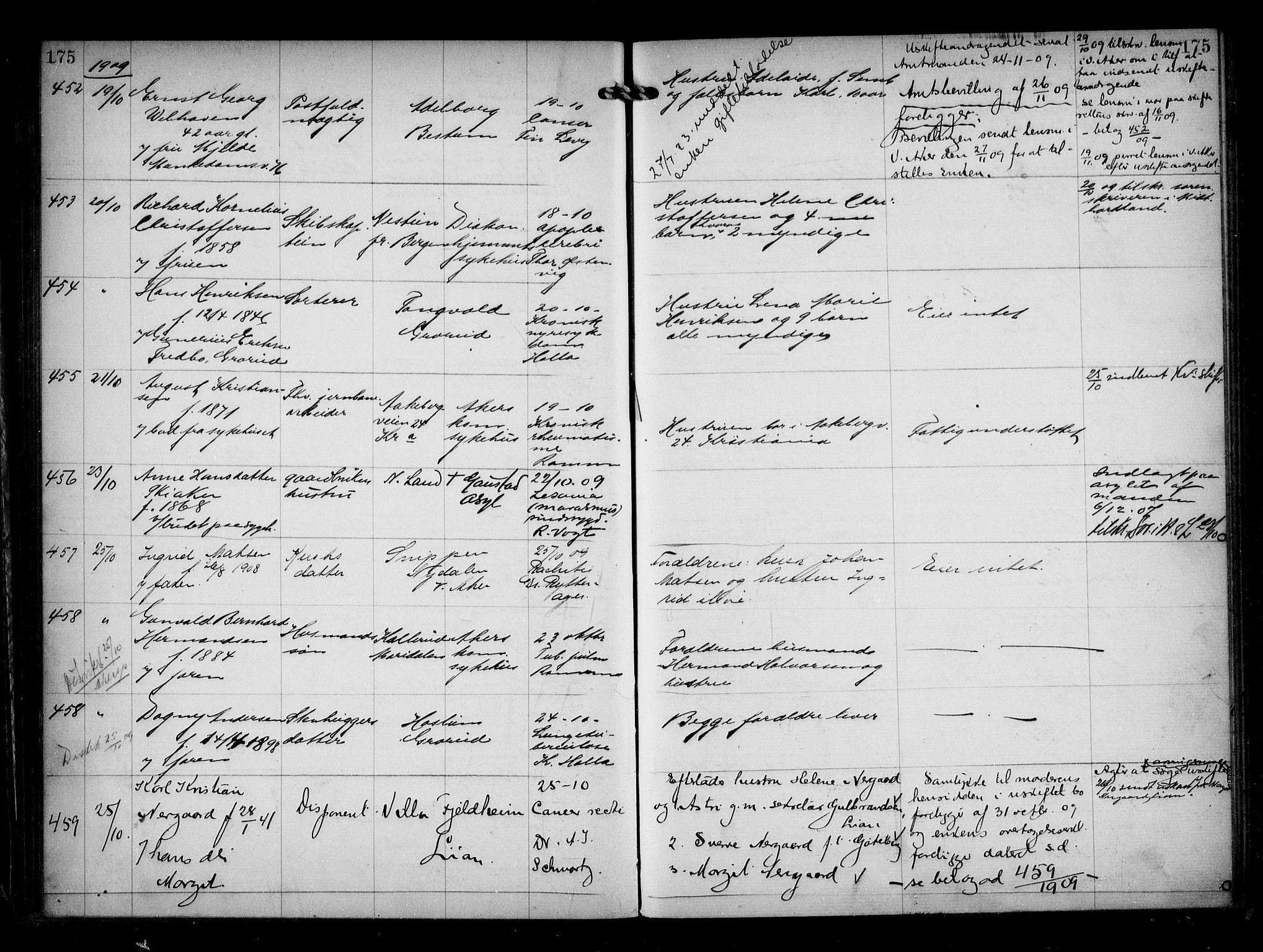 Aker kriminaldommer, skifte- og auksjonsforvalterembete, AV/SAO-A-10452/H/Hb/Hba/Hbaa/L0002: Dødsfallsprotokoll, 1907-1912, s. 175