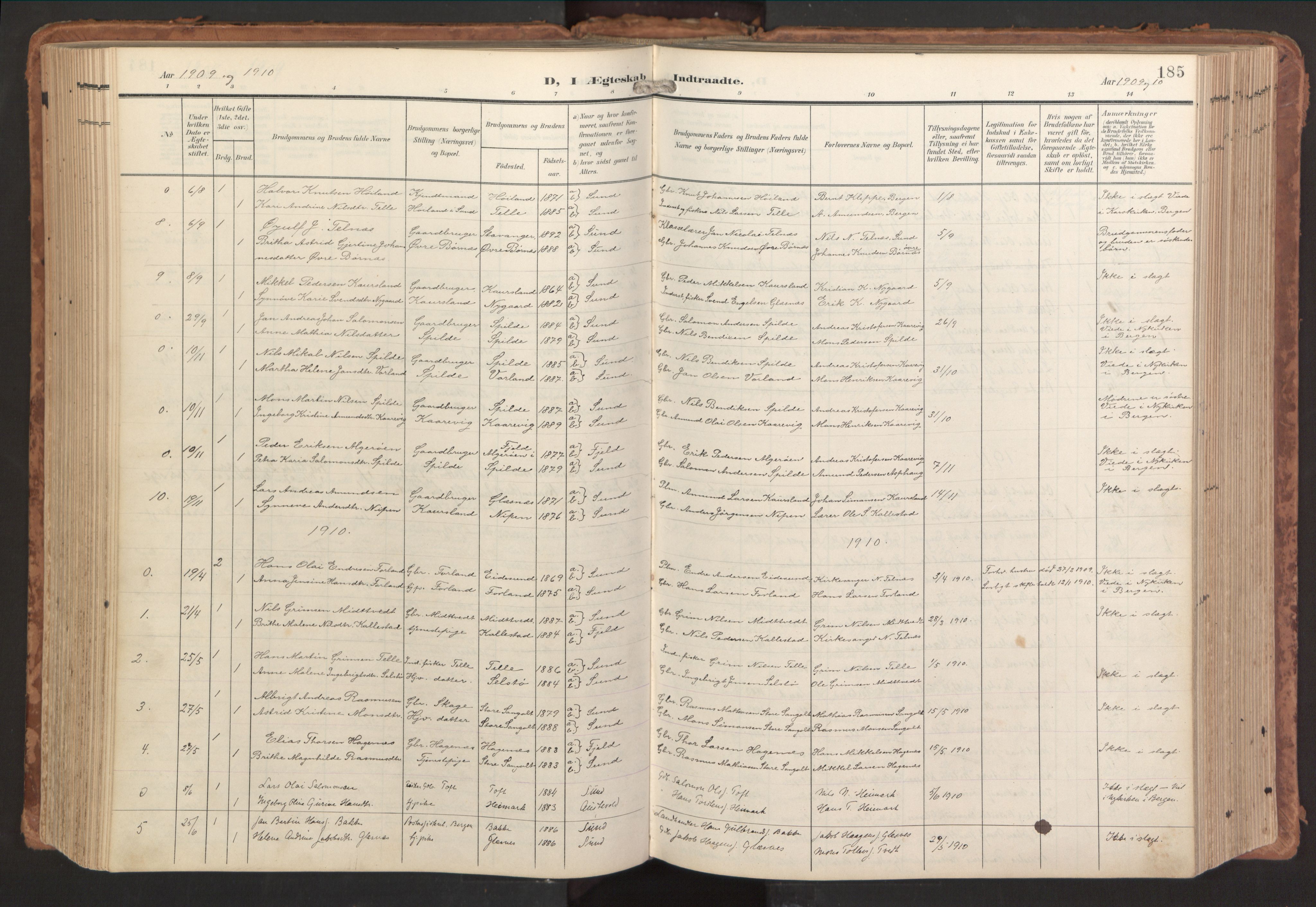 Sund sokneprestembete, AV/SAB-A-99930: Ministerialbok nr. B 2, 1907-1926, s. 185
