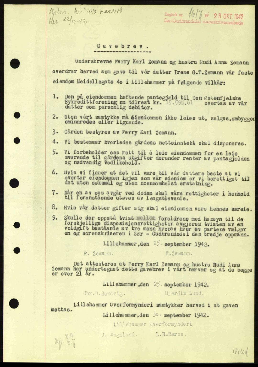 Sør-Gudbrandsdal tingrett, SAH/TING-004/H/Hb/Hbd/L0011: Pantebok nr. A11, 1942-1943, Dagboknr: 1617/1942