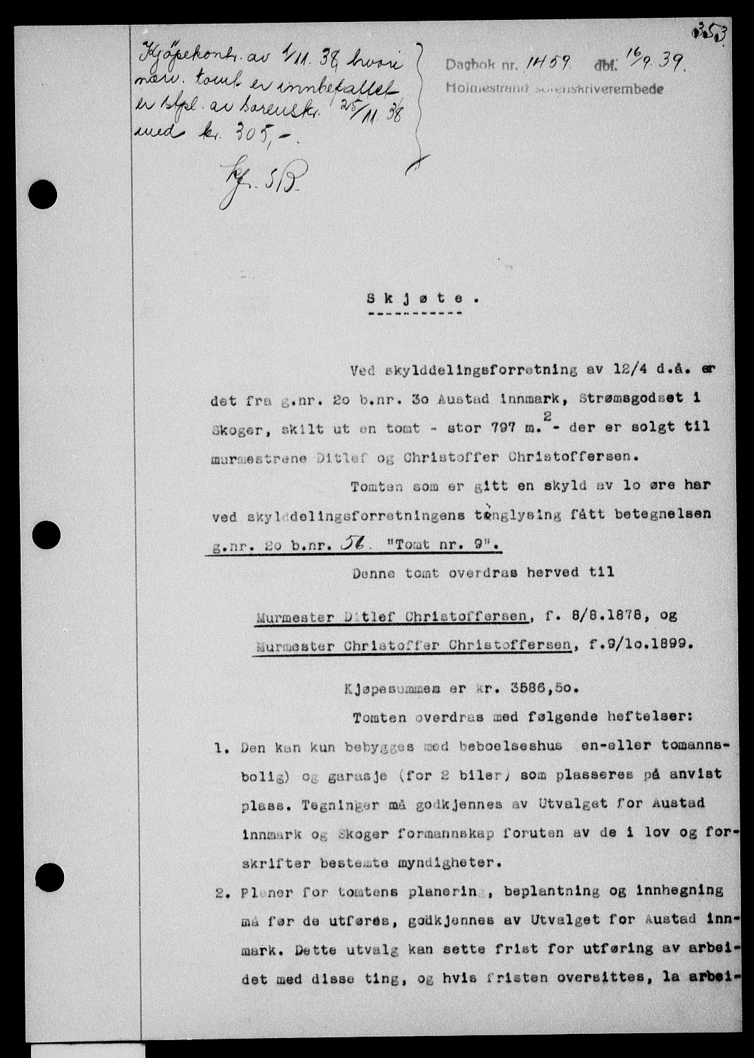 Holmestrand sorenskriveri, SAKO/A-67/G/Ga/Gaa/L0051: Pantebok nr. A-51, 1939-1940, Dagboknr: 1459/1939