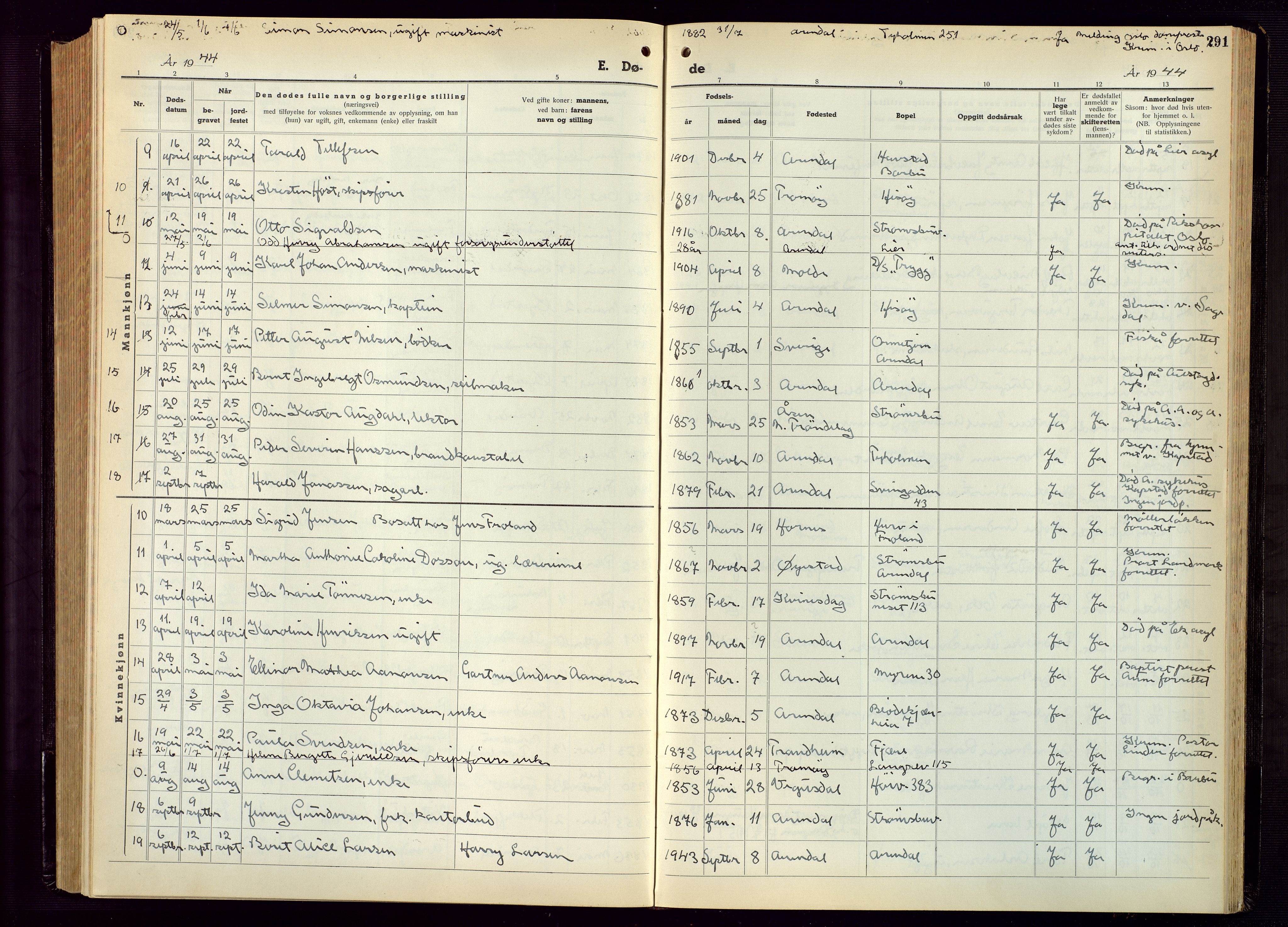 Arendal sokneprestkontor, Trefoldighet, AV/SAK-1111-0040/F/Fb/L0009: Klokkerbok nr. B 9, 1940-1949, s. 291
