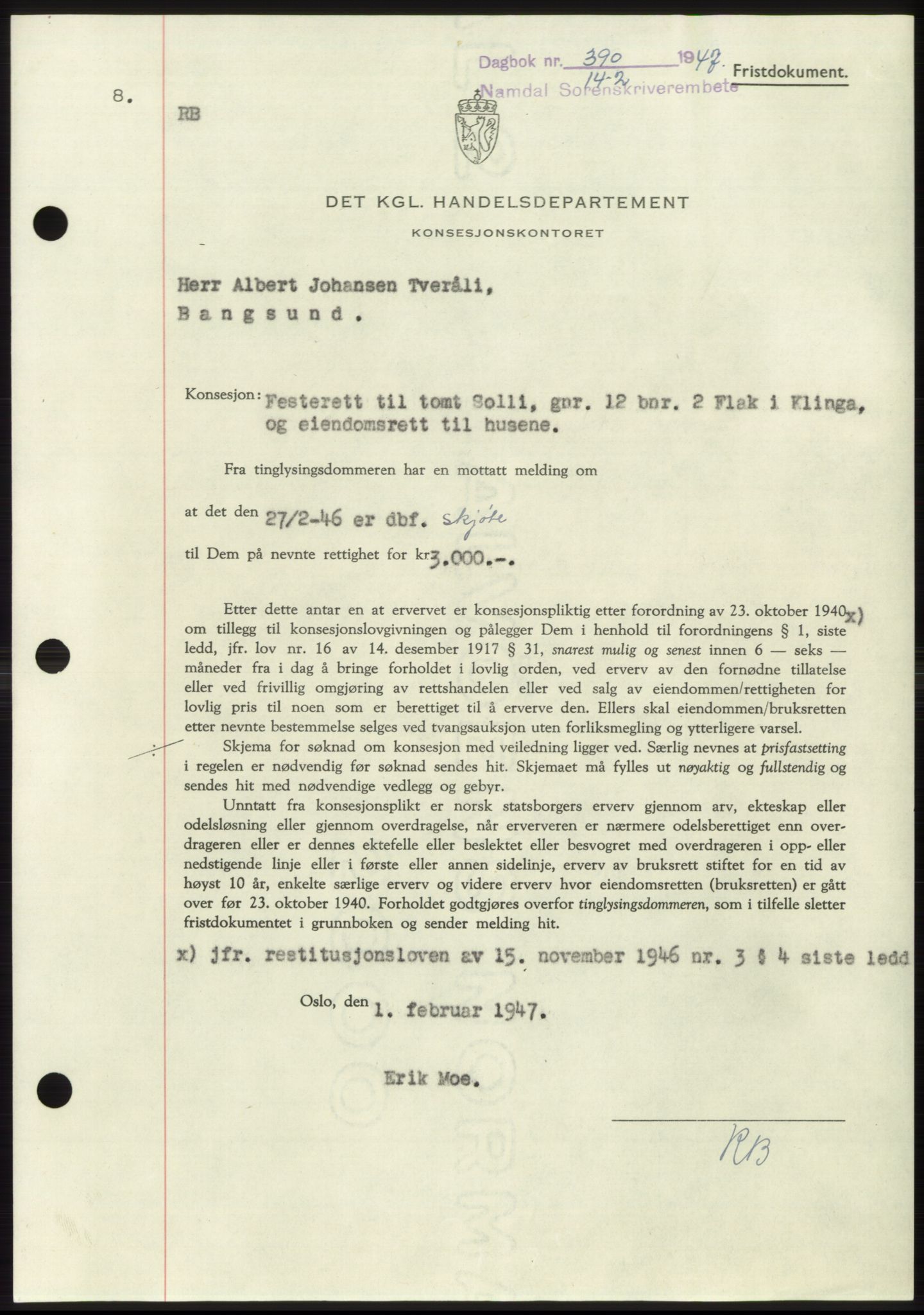 Namdal sorenskriveri, SAT/A-4133/1/2/2C: Pantebok nr. -, 1946-1947, Dagboknr: 390/1947