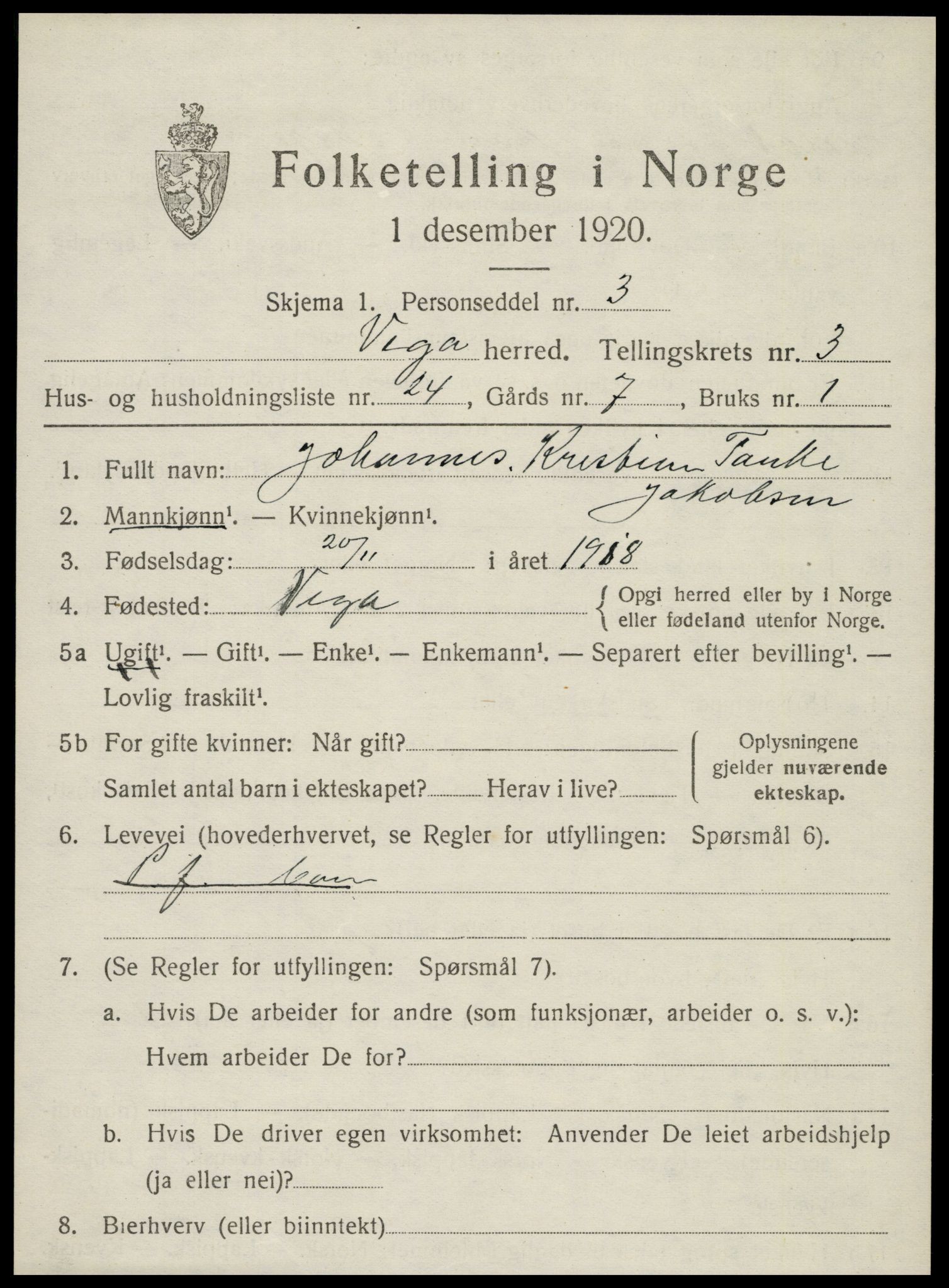 SAT, Folketelling 1920 for 1815 Vega herred, 1920, s. 1921