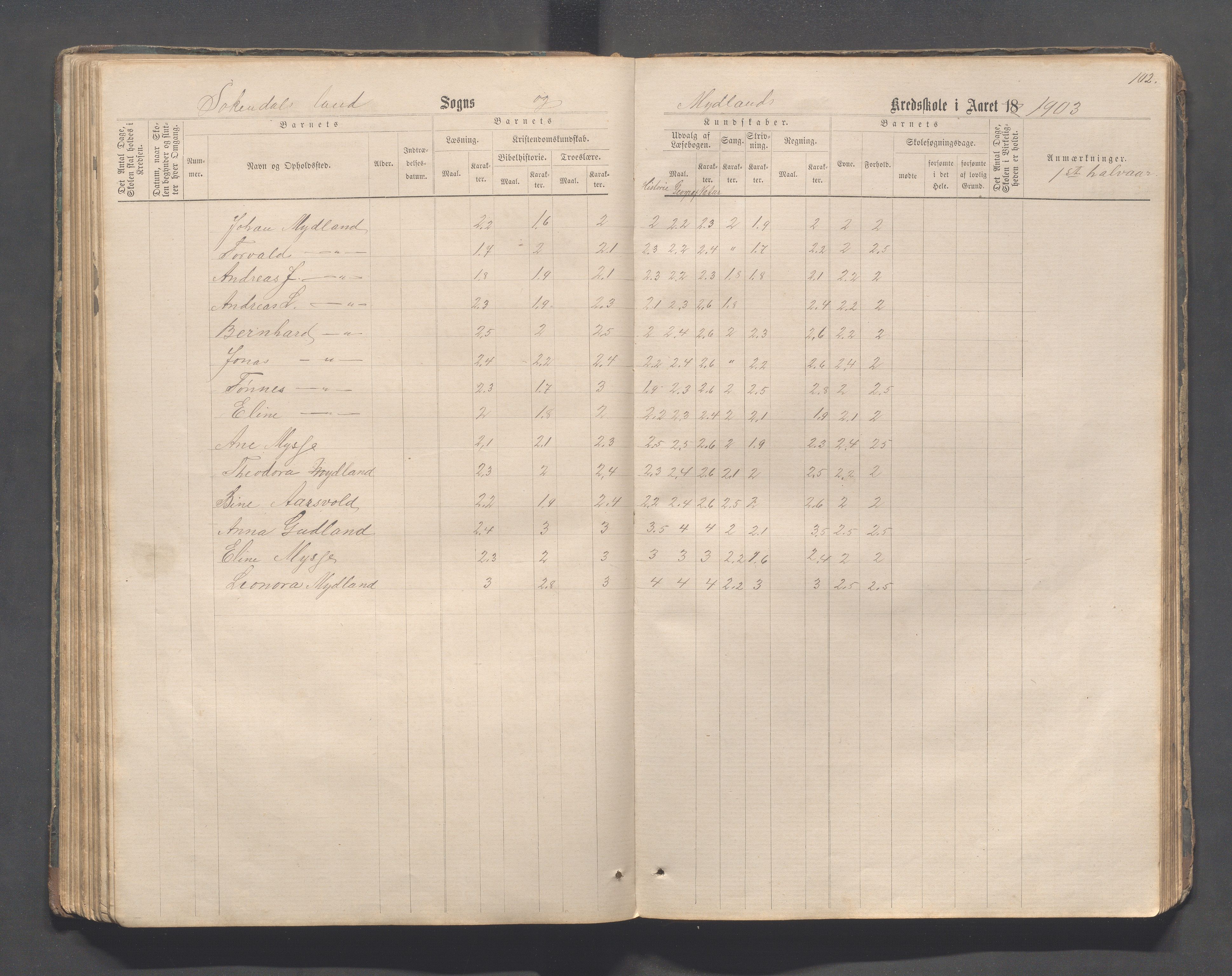 Sokndal kommune- Skolestyret/Skolekontoret, IKAR/K-101142/H/L0011: Skoleprotokoll - Mydland, Årrestad, Årsvoll, Gyland, Brambo, Skogestad, 1873-1908, s. 102