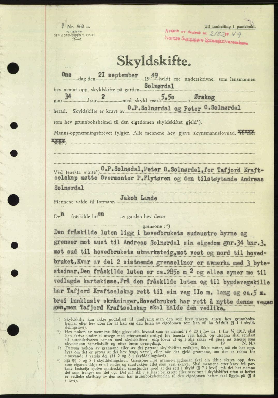 Nordre Sunnmøre sorenskriveri, AV/SAT-A-0006/1/2/2C/2Ca: Pantebok nr. A32, 1949-1949, Dagboknr: 2182/1949