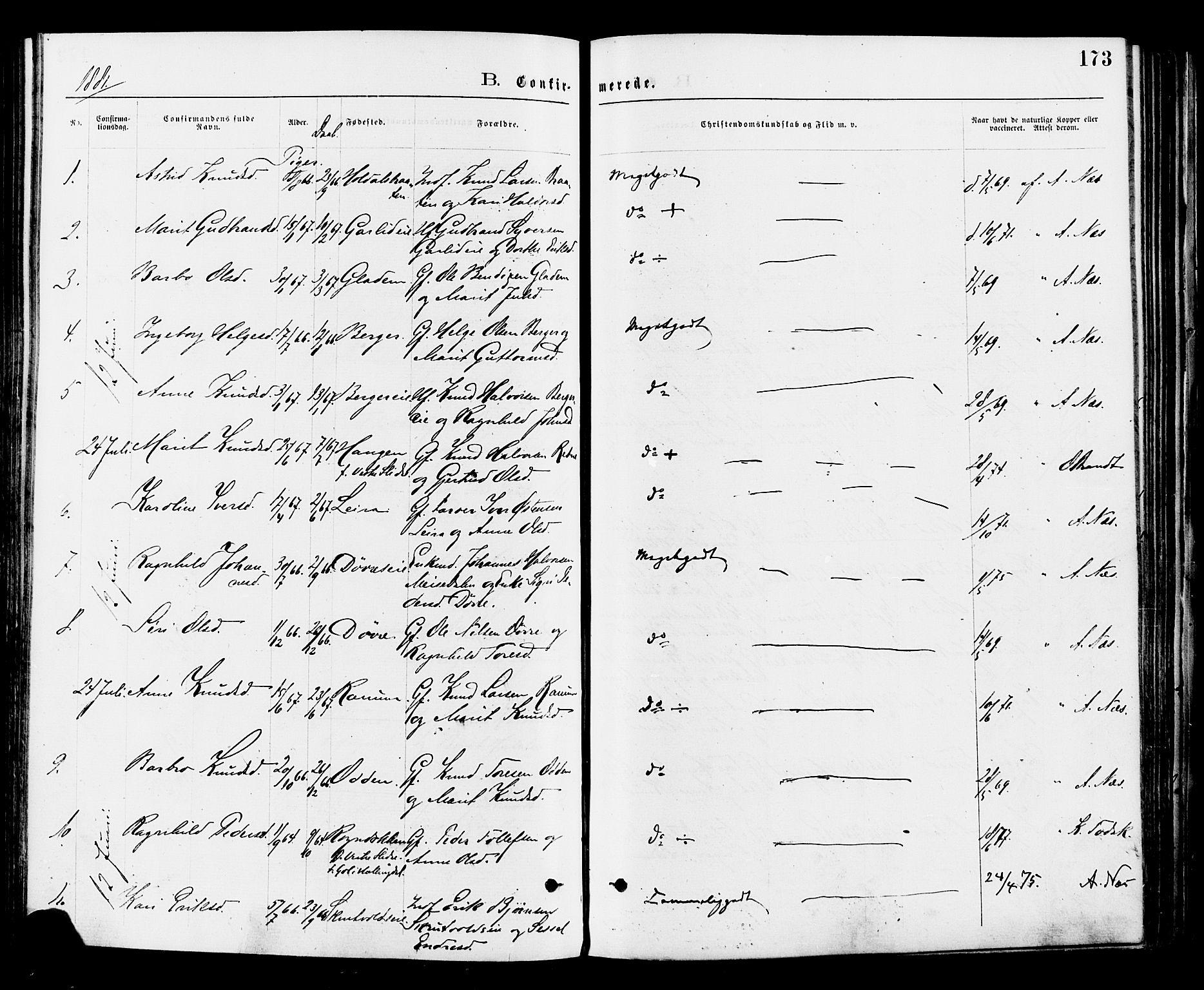 Nord-Aurdal prestekontor, AV/SAH-PREST-132/H/Ha/Haa/L0009: Ministerialbok nr. 9, 1876-1882, s. 173