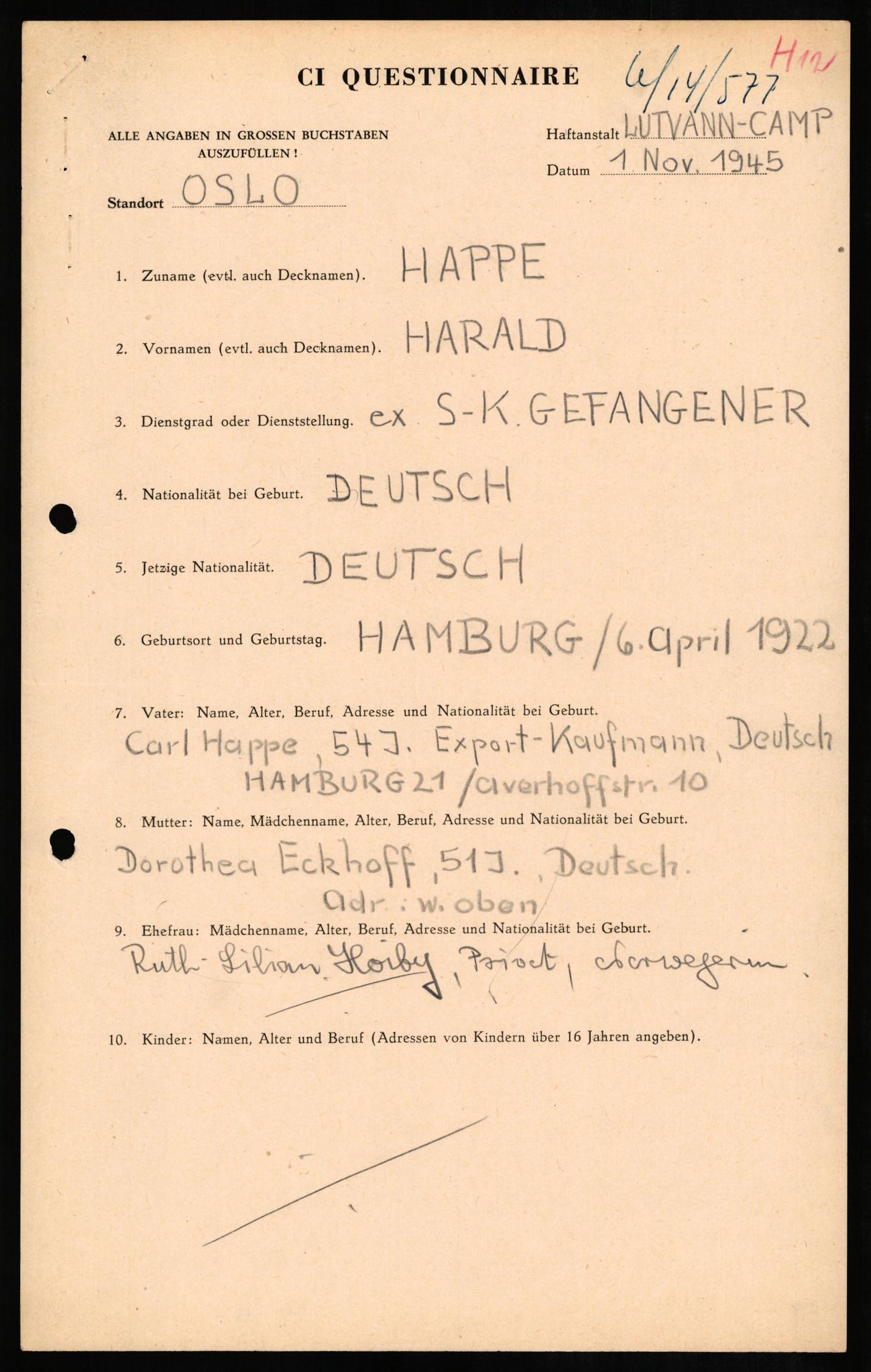 Forsvaret, Forsvarets overkommando II, AV/RA-RAFA-3915/D/Db/L0012: CI Questionaires. Tyske okkupasjonsstyrker i Norge. Tyskere., 1945-1946, s. 2