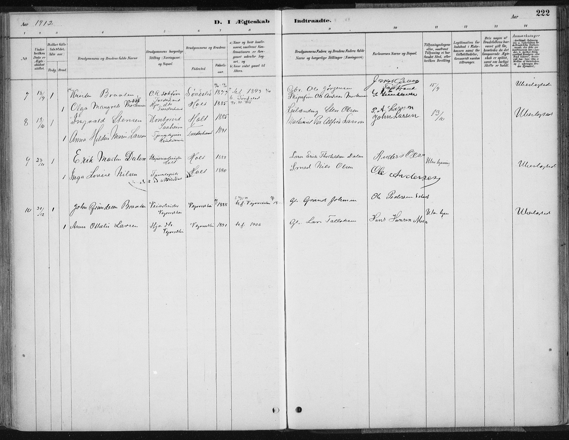 Tvedestrand sokneprestkontor, AV/SAK-1111-0042/F/Fa/L0001: Ministerialbok nr. A 1, 1885-1916, s. 222