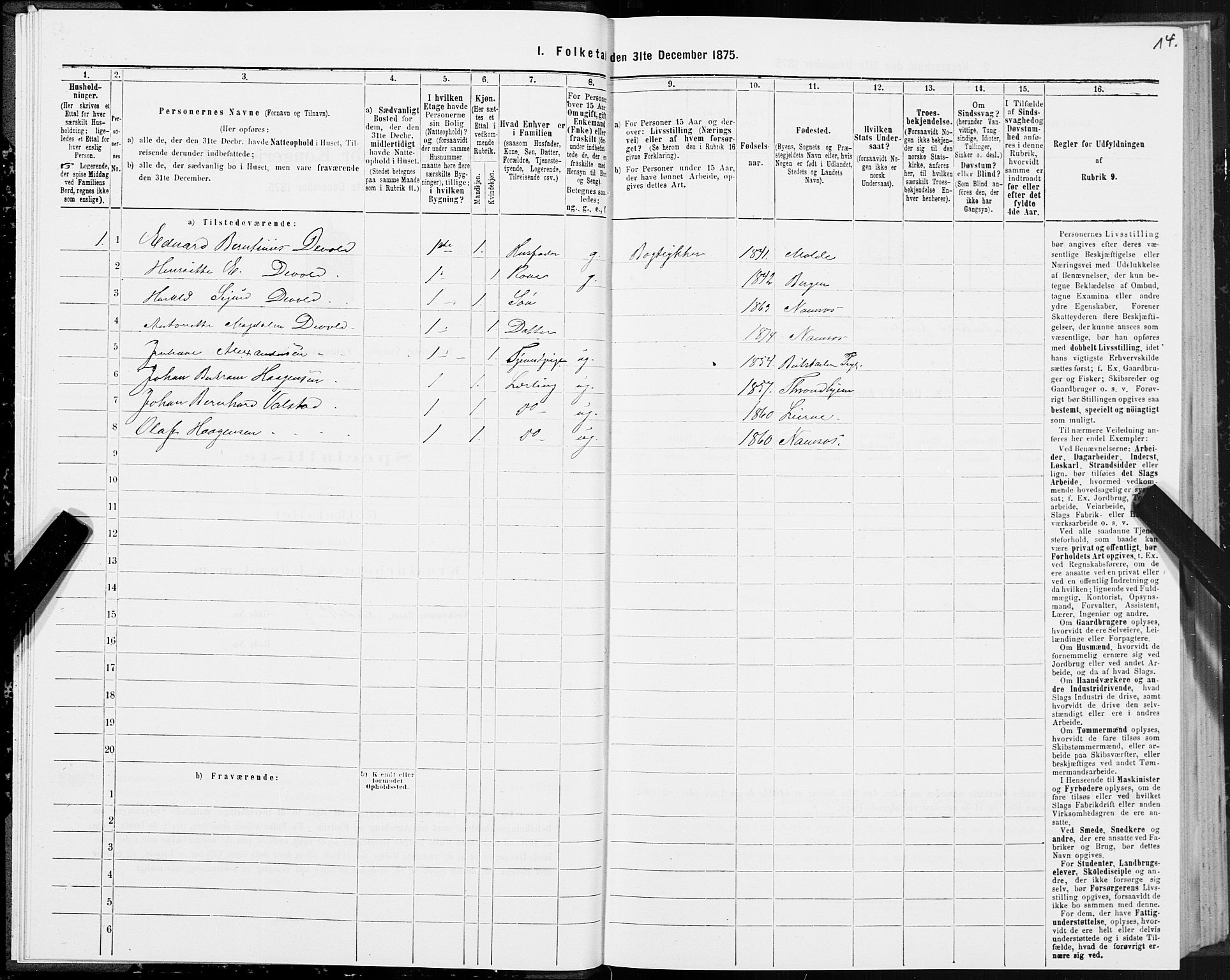 SAT, Folketelling 1875 for 1703B Namsos prestegjeld, Namsos ladested, 1875, s. 14