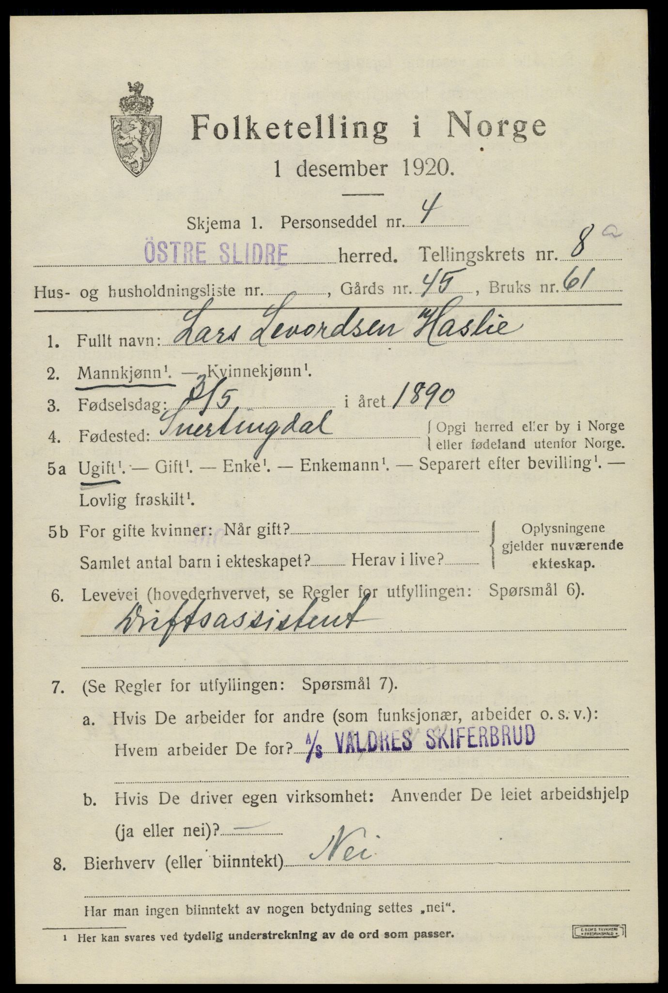 SAH, Folketelling 1920 for 0544 Øystre Slidre herred, 1920, s. 5309