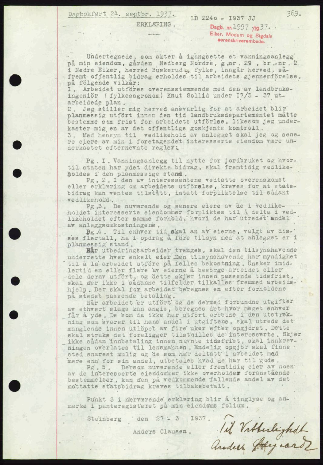 Eiker, Modum og Sigdal sorenskriveri, SAKO/A-123/G/Ga/Gab/L0036: Pantebok nr. A6, 1937-1937, Dagboknr: 1997/1937