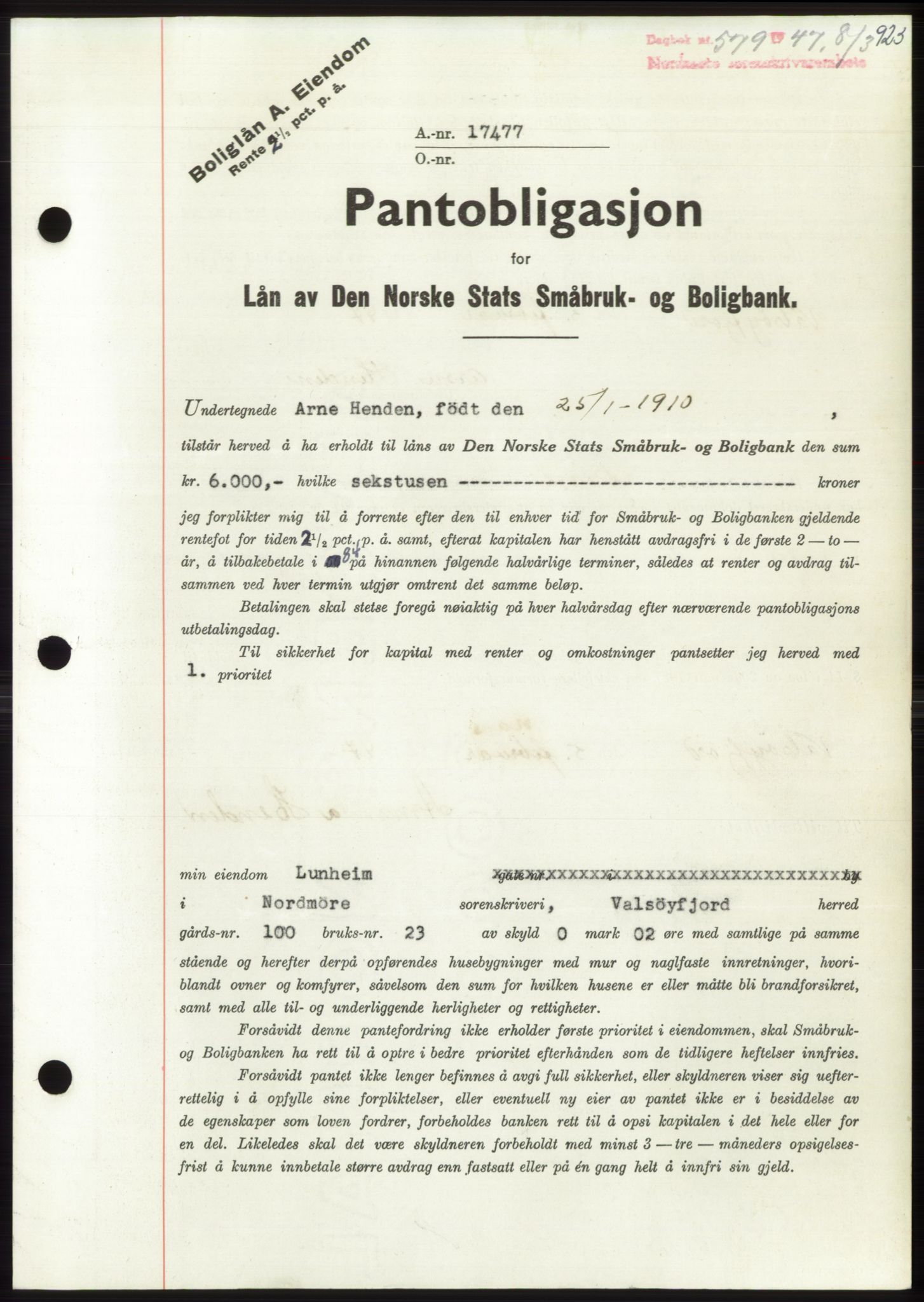 Nordmøre sorenskriveri, SAT/A-4132/1/2/2Ca: Pantebok nr. B95, 1946-1947, Dagboknr: 579/1947