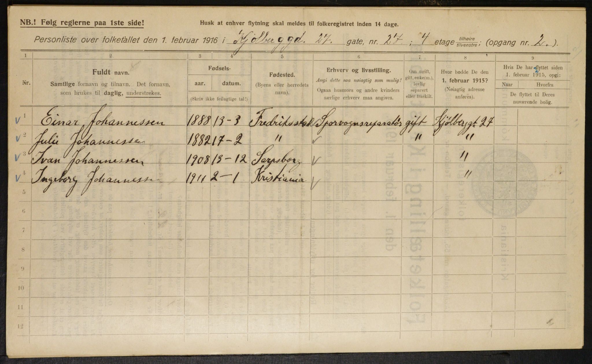 OBA, Kommunal folketelling 1.2.1916 for Kristiania, 1916, s. 52953