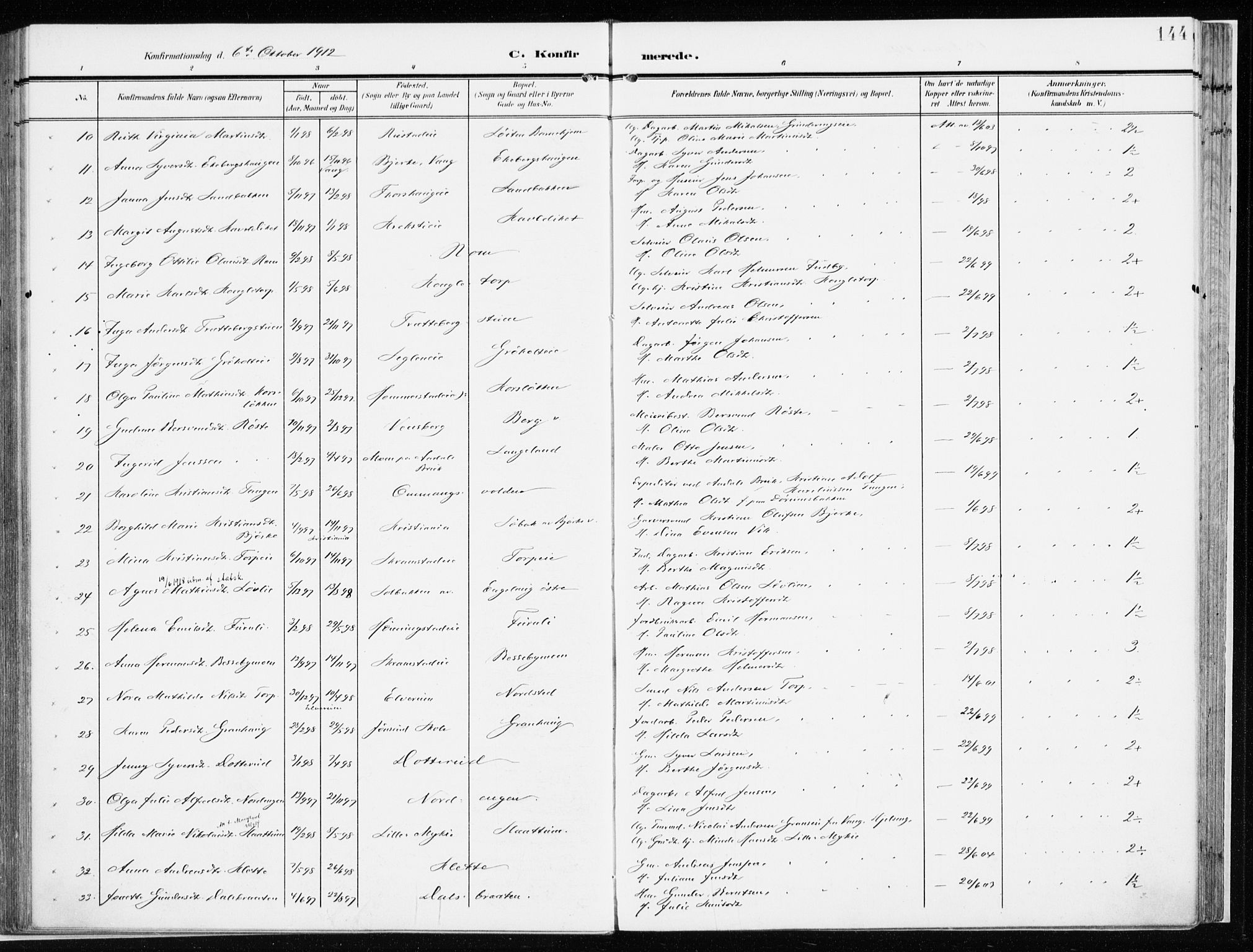 Løten prestekontor, AV/SAH-PREST-022/K/Ka/L0011: Ministerialbok nr. 11, 1908-1917, s. 144