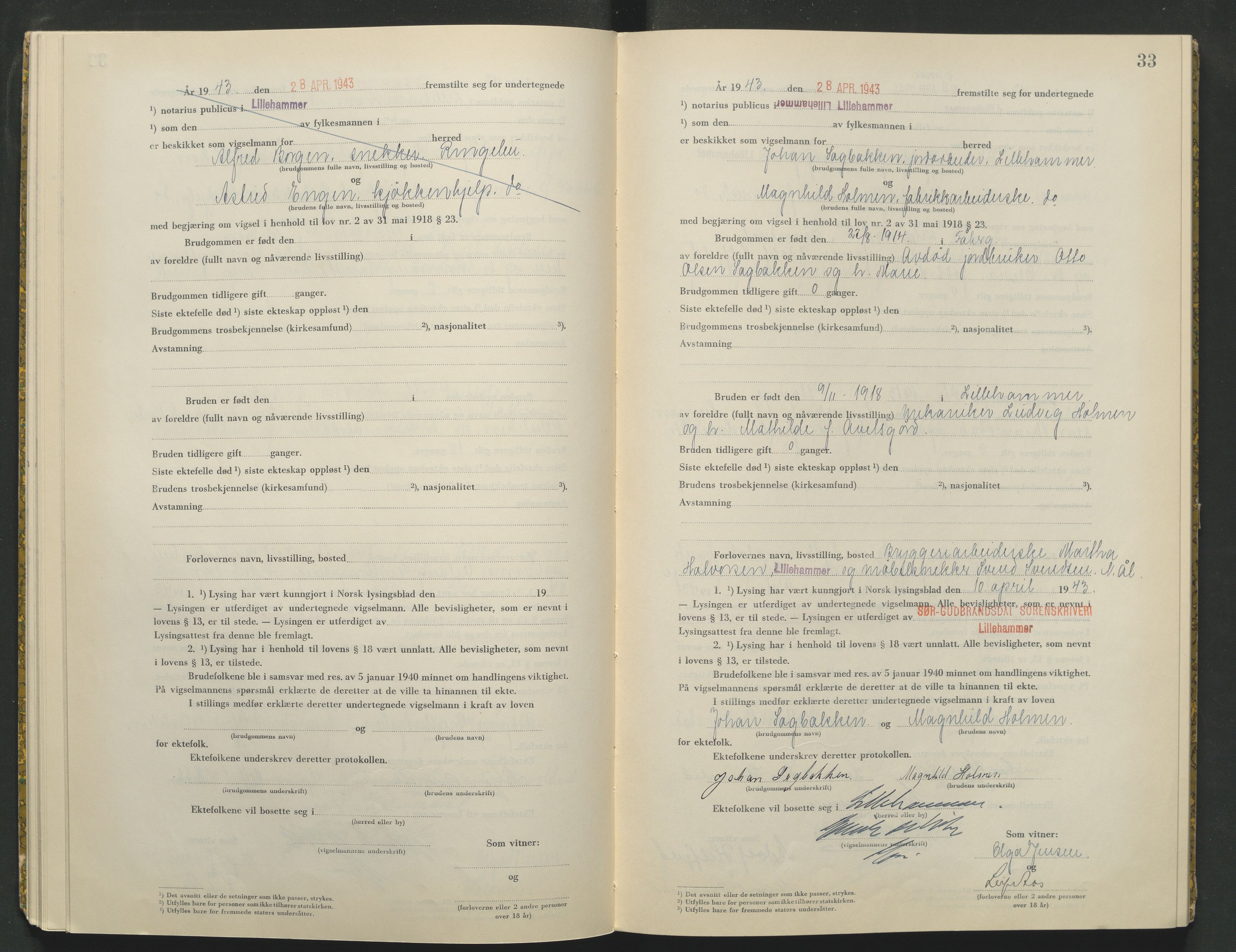 Sør-Gudbrandsdal tingrett, AV/SAH-TING-004/L/Lc/L0003: Vigselsprotokoll, 1943, s. 33