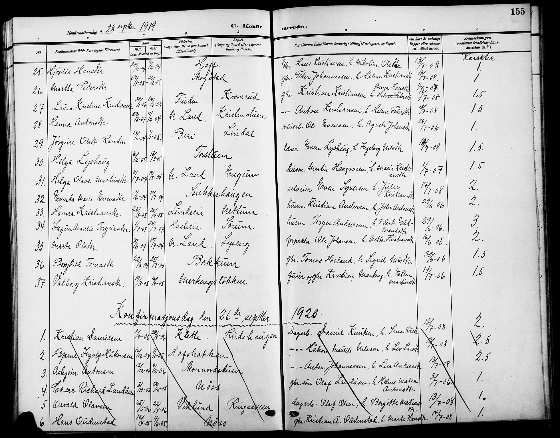 Biri prestekontor, AV/SAH-PREST-096/H/Ha/Hab/L0005: Klokkerbok nr. 5, 1906-1919, s. 155