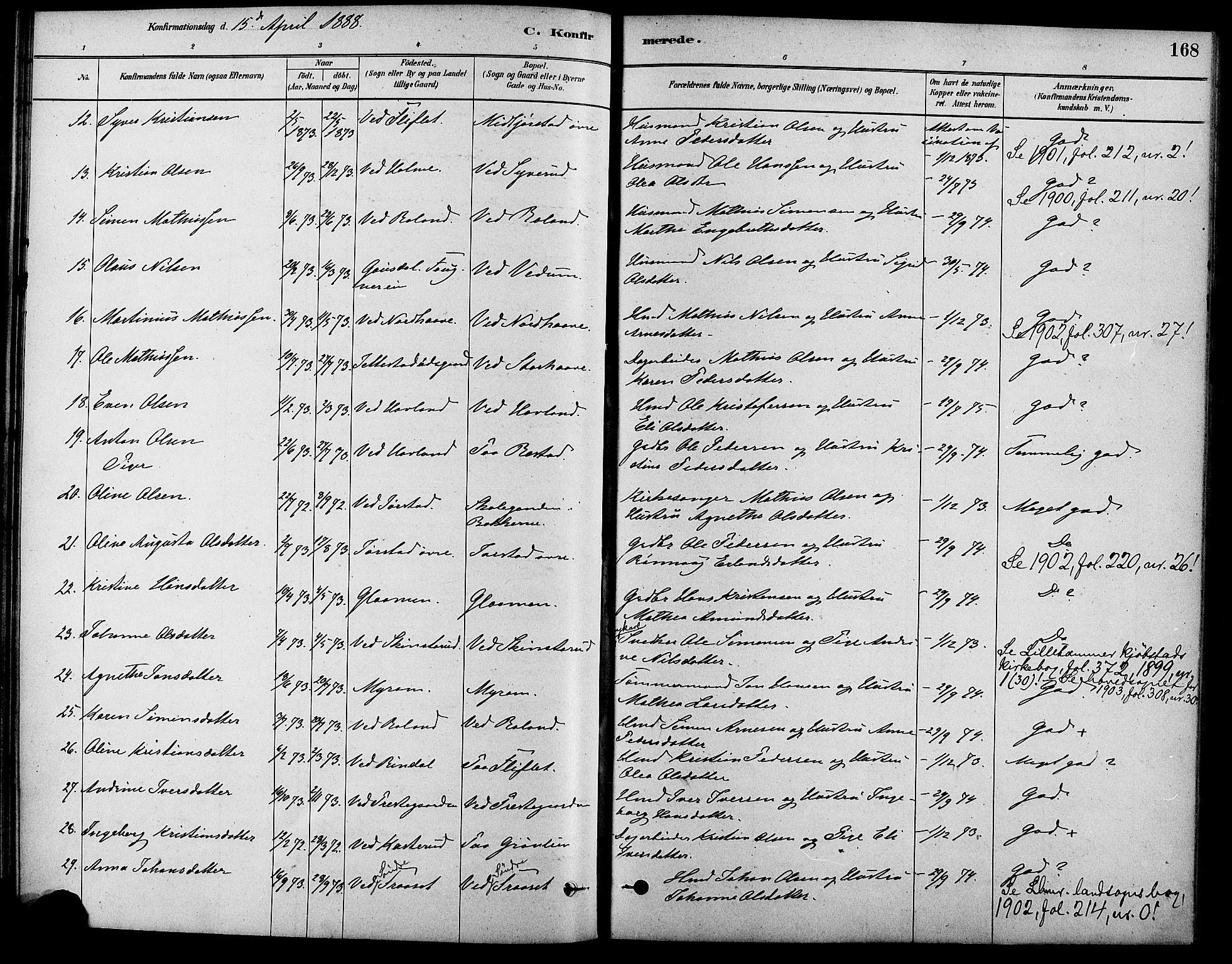 Fåberg prestekontor, AV/SAH-PREST-086/H/Ha/Haa/L0008: Ministerialbok nr. 8, 1879-1898, s. 168