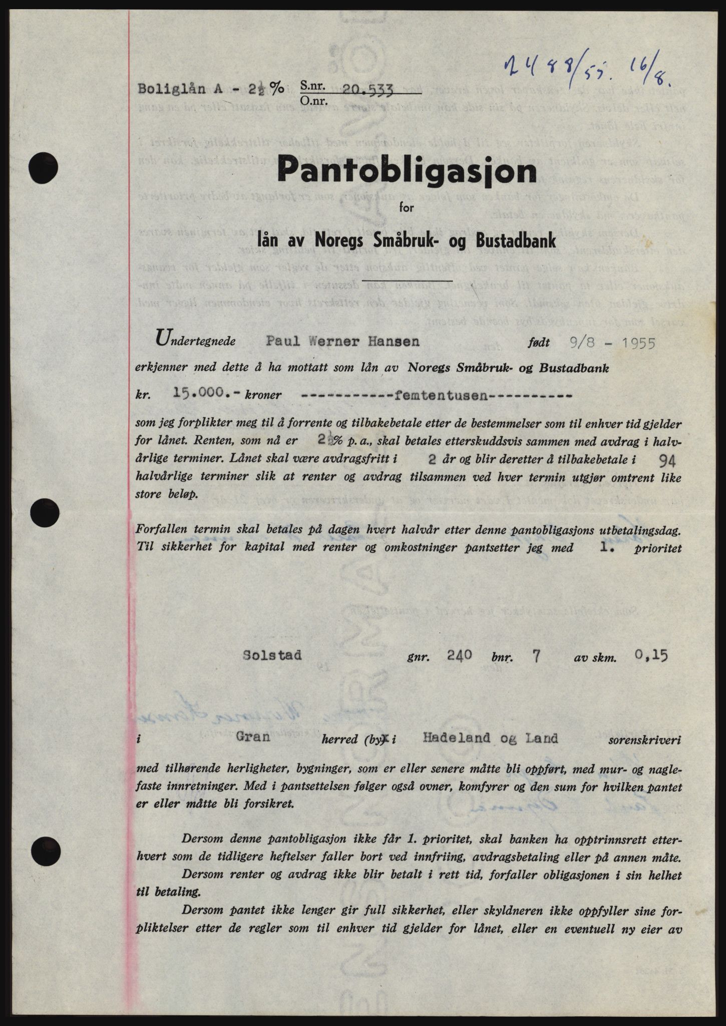 Hadeland og Land tingrett, SAH/TING-010/H/Hb/Hbc/L0032: Pantebok nr. B32, 1955-1955, Dagboknr: 2488/1955