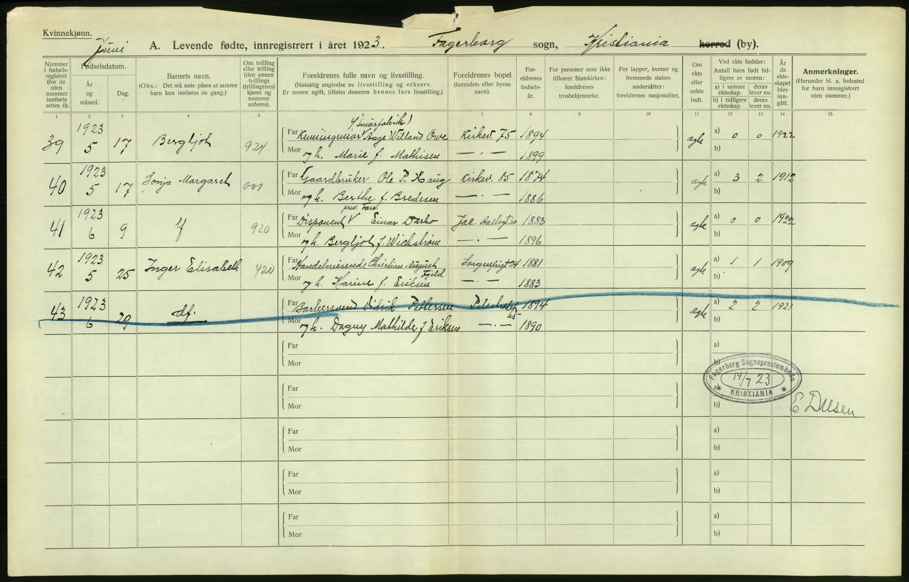 Statistisk sentralbyrå, Sosiodemografiske emner, Befolkning, AV/RA-S-2228/D/Df/Dfc/Dfcc/L0006: Kristiania: Levendefødte menn og kvinner., 1923, s. 88