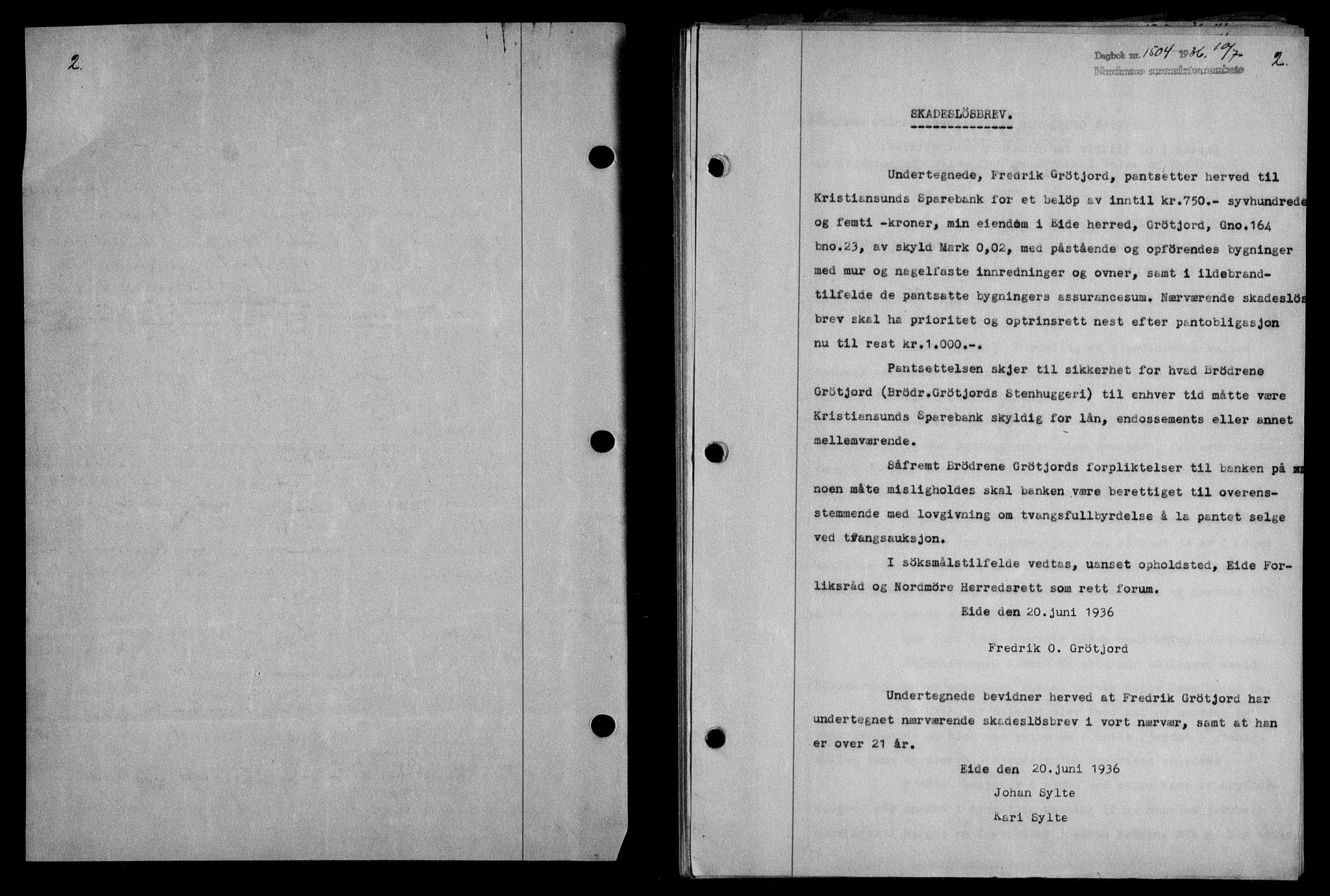 Nordmøre sorenskriveri, AV/SAT-A-4132/1/2/2Ca/L0089: Pantebok nr. 79, 1936-1936, Dagboknr: 1504/1936