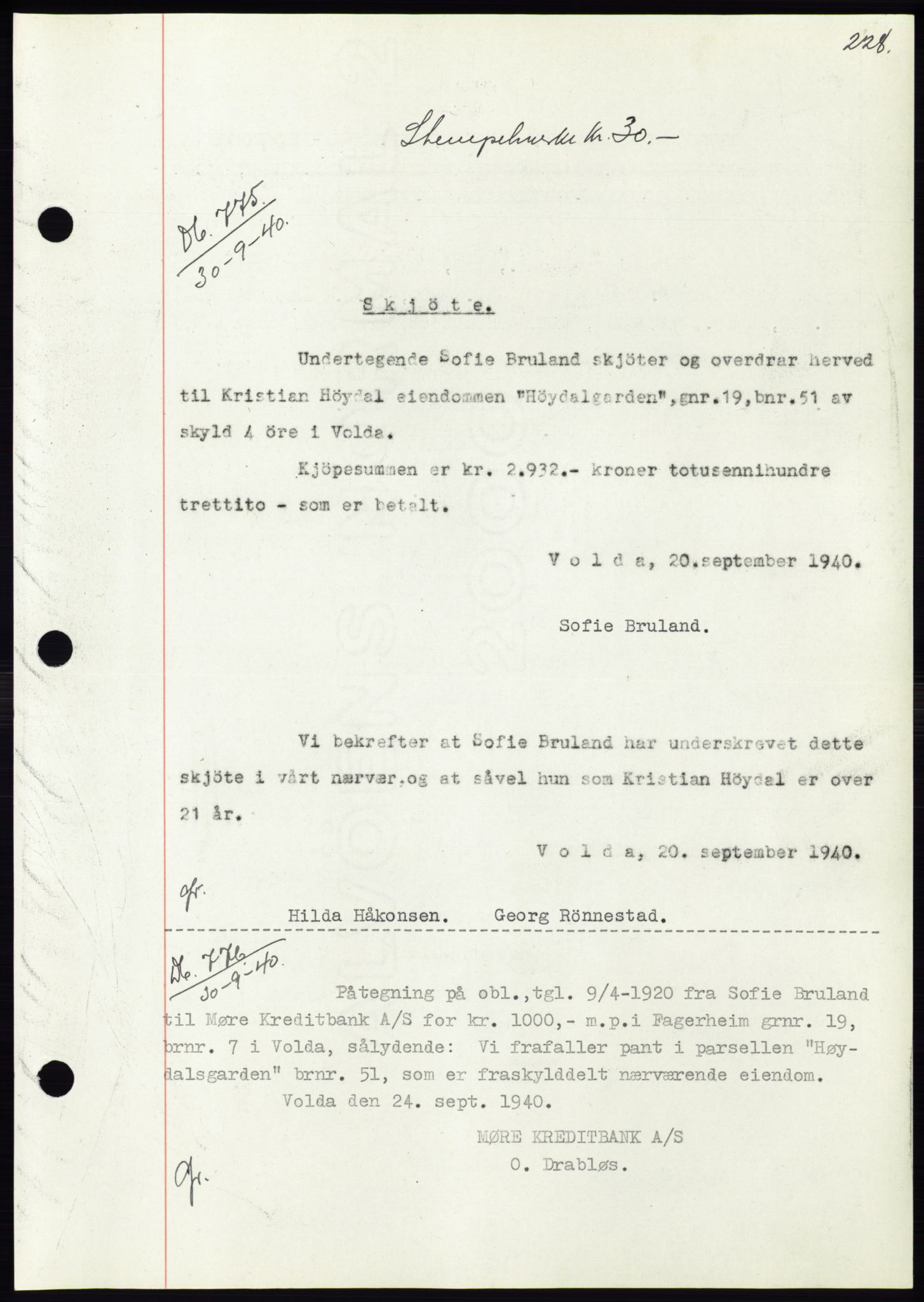 Søre Sunnmøre sorenskriveri, SAT/A-4122/1/2/2C/L0070: Pantebok nr. 64, 1940-1941, Dagboknr: 775/1940