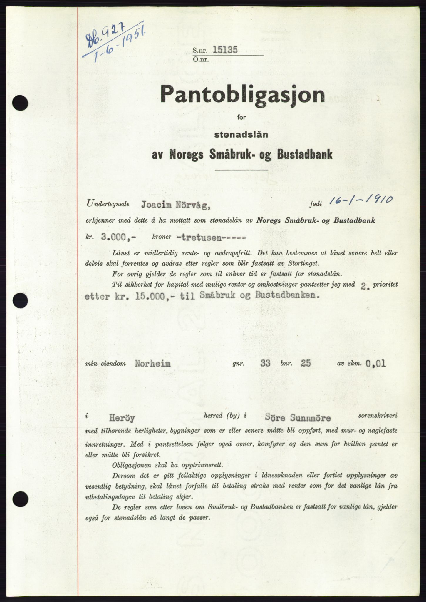 Søre Sunnmøre sorenskriveri, SAT/A-4122/1/2/2C/L0120: Pantebok nr. 8B, 1951-1951, Dagboknr: 927/1951