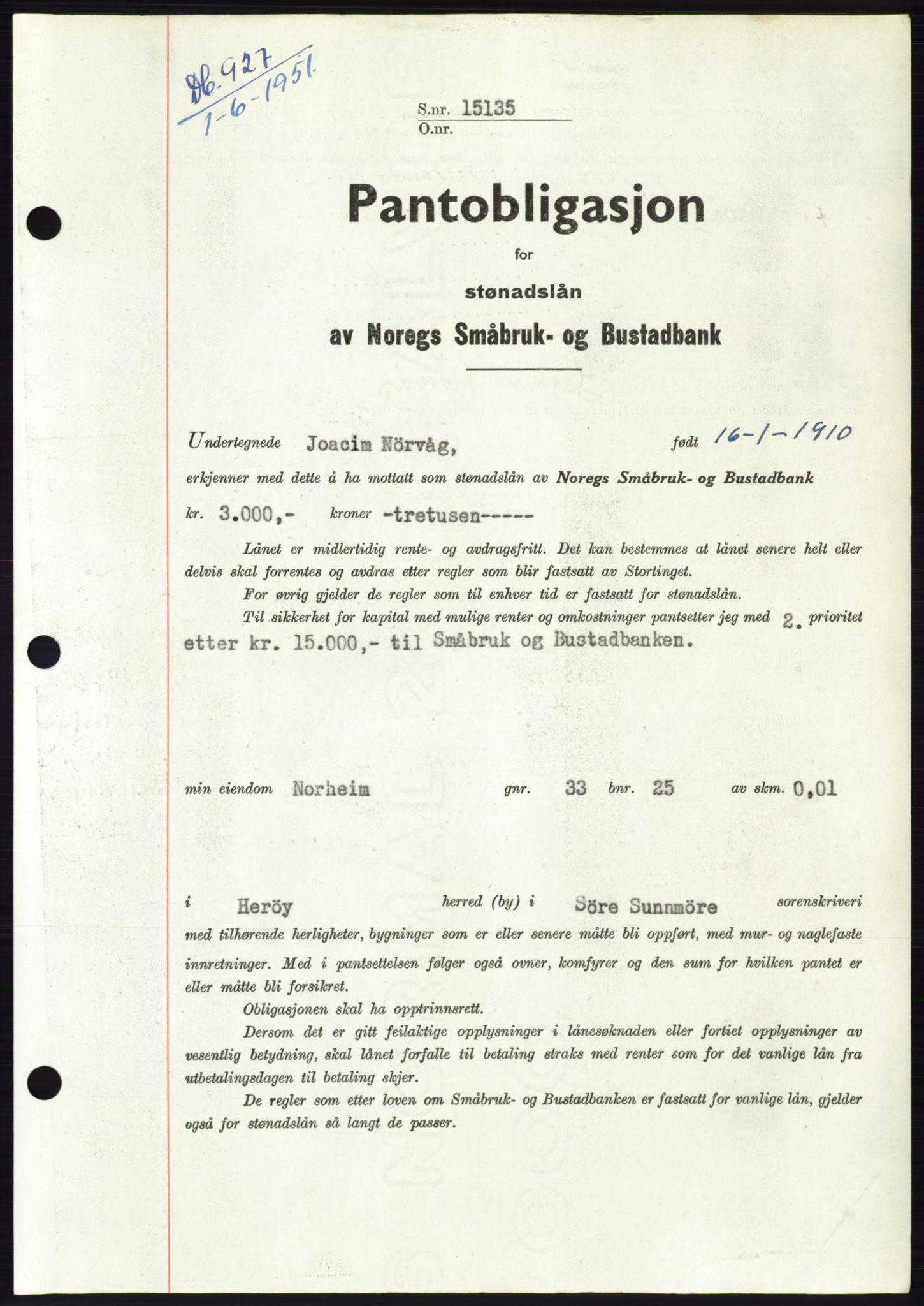 Søre Sunnmøre sorenskriveri, AV/SAT-A-4122/1/2/2C/L0120: Pantebok nr. 8B, 1951-1951, Dagboknr: 927/1951
