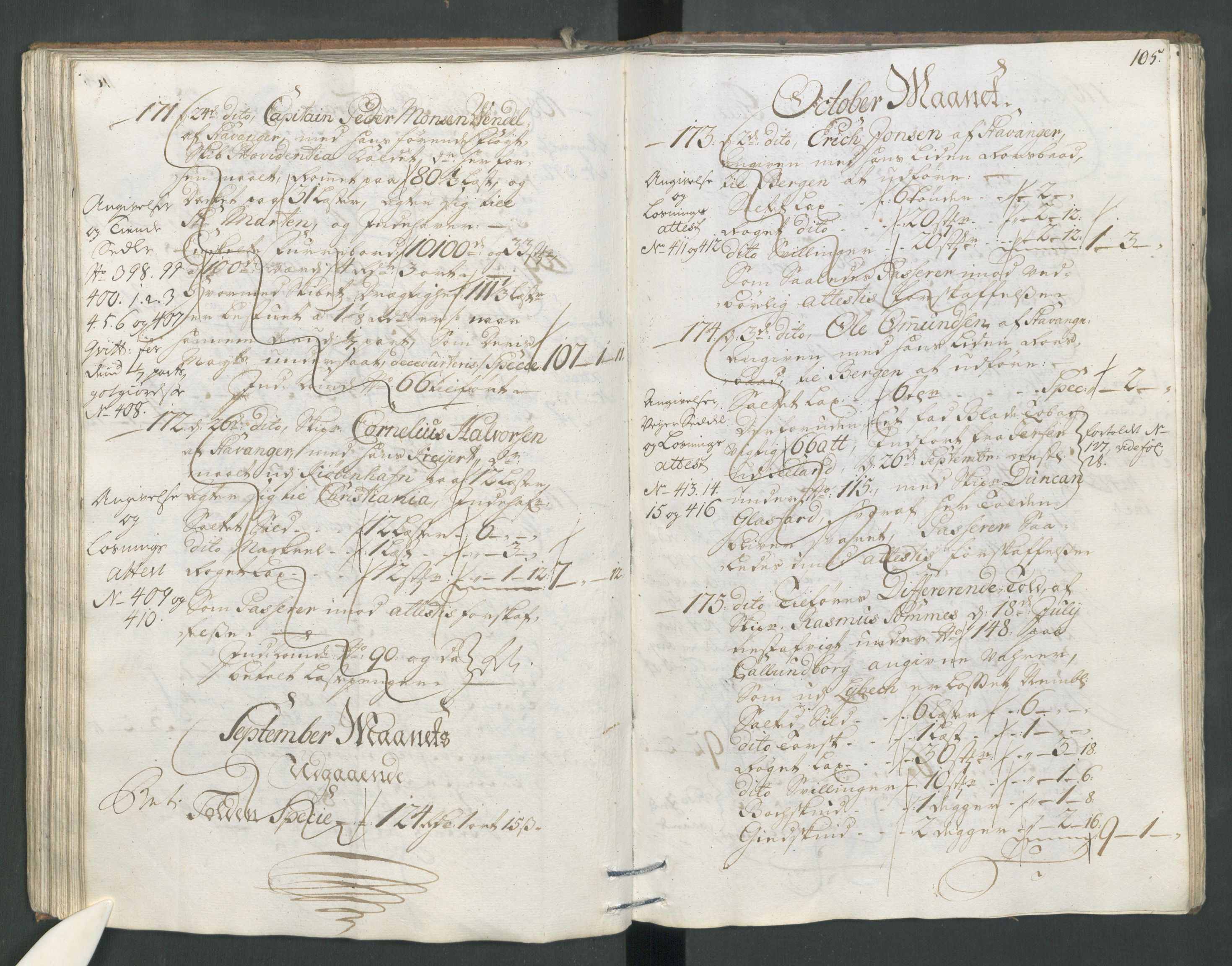 Generaltollkammeret, tollregnskaper, AV/RA-EA-5490/R22/L0011/0001: Tollregnskaper Stavanger / Hovedtollbok, 1731, s. 104b-105a