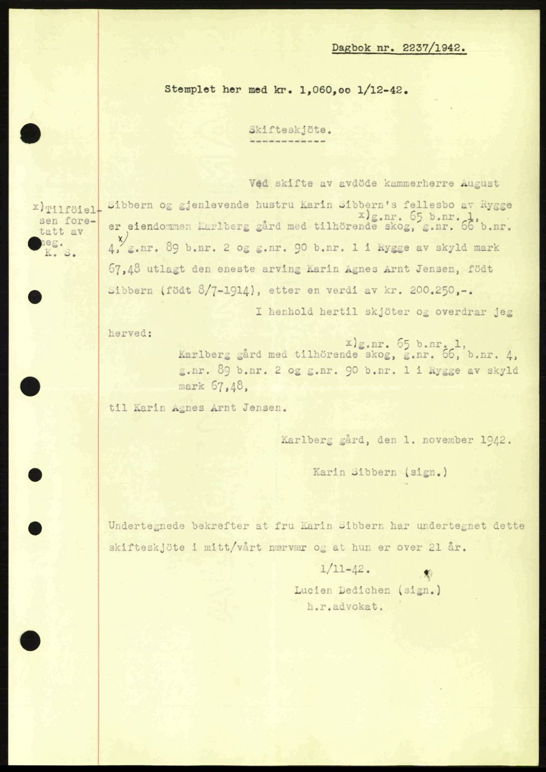 Moss sorenskriveri, SAO/A-10168: Pantebok nr. A10, 1942-1943, Dagboknr: 2237/1942