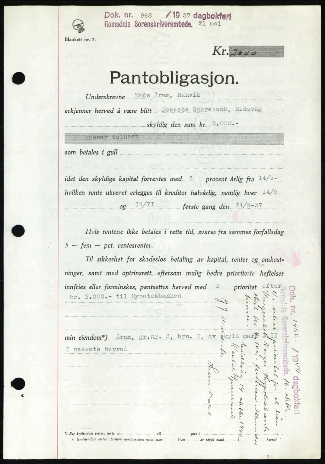 Romsdal sorenskriveri, SAT/A-4149/1/2/2C: Pantebok nr. B1, 1936-1939, Dagboknr: 968/1937