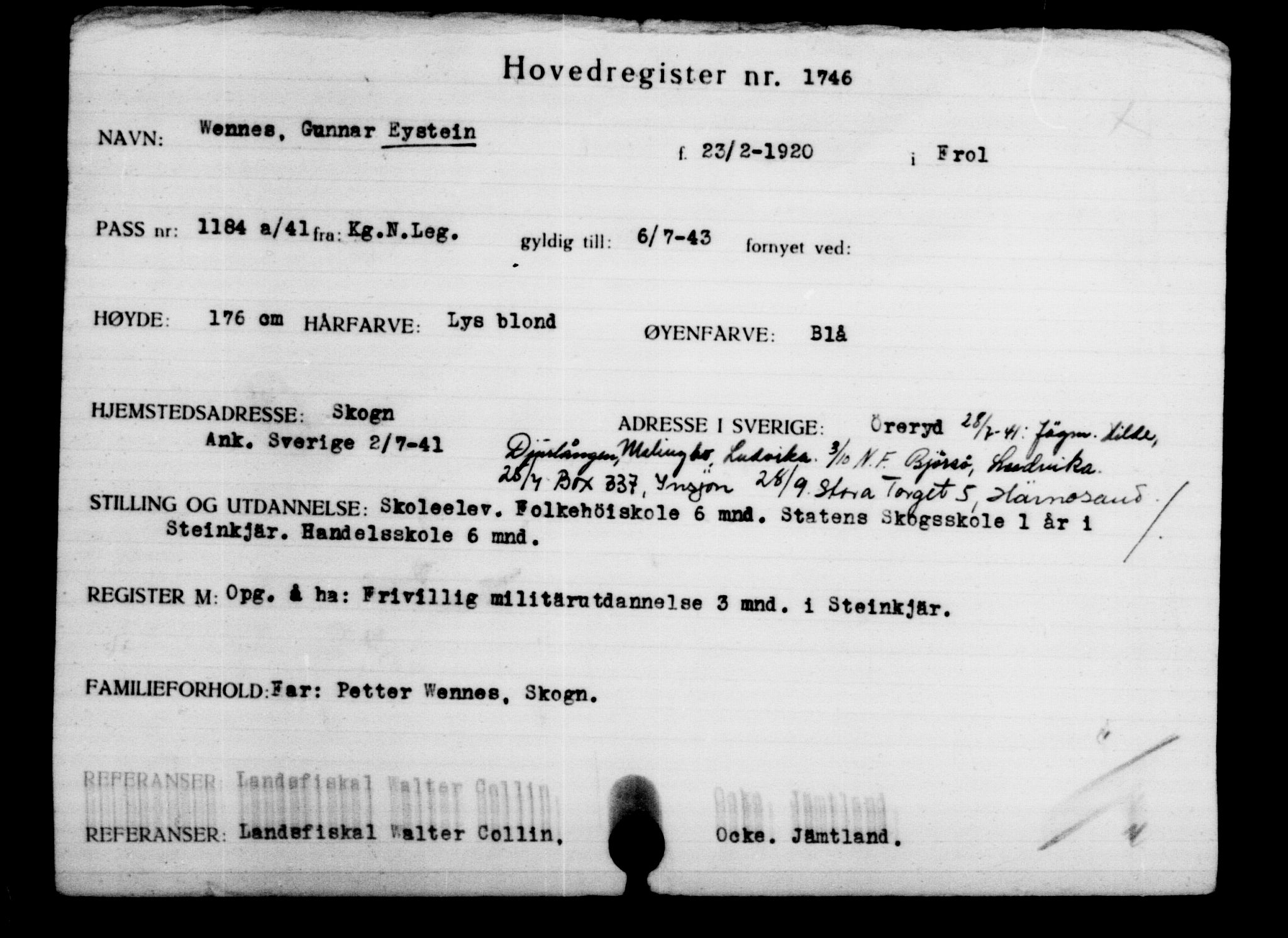 Utenriksstasjonene, Legasjonen i Stockholm, Flyktningkontoret, AV/RA-S-6753/V/Va/L0002: Kjesäterkartoteket, flyktninger med registreringsnr. 1001-2000, 1940-1945, s. 1058