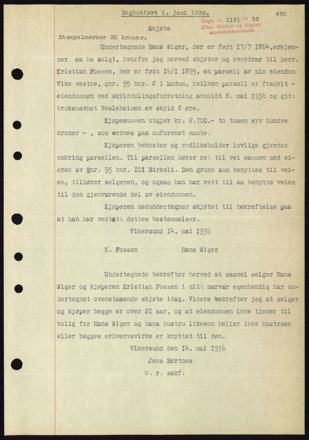 Eiker, Modum og Sigdal sorenskriveri, SAKO/A-123/G/Ga/Gab/L0032: Pantebok nr. A2, 1936-1936, Dagboknr: 1191/1936
