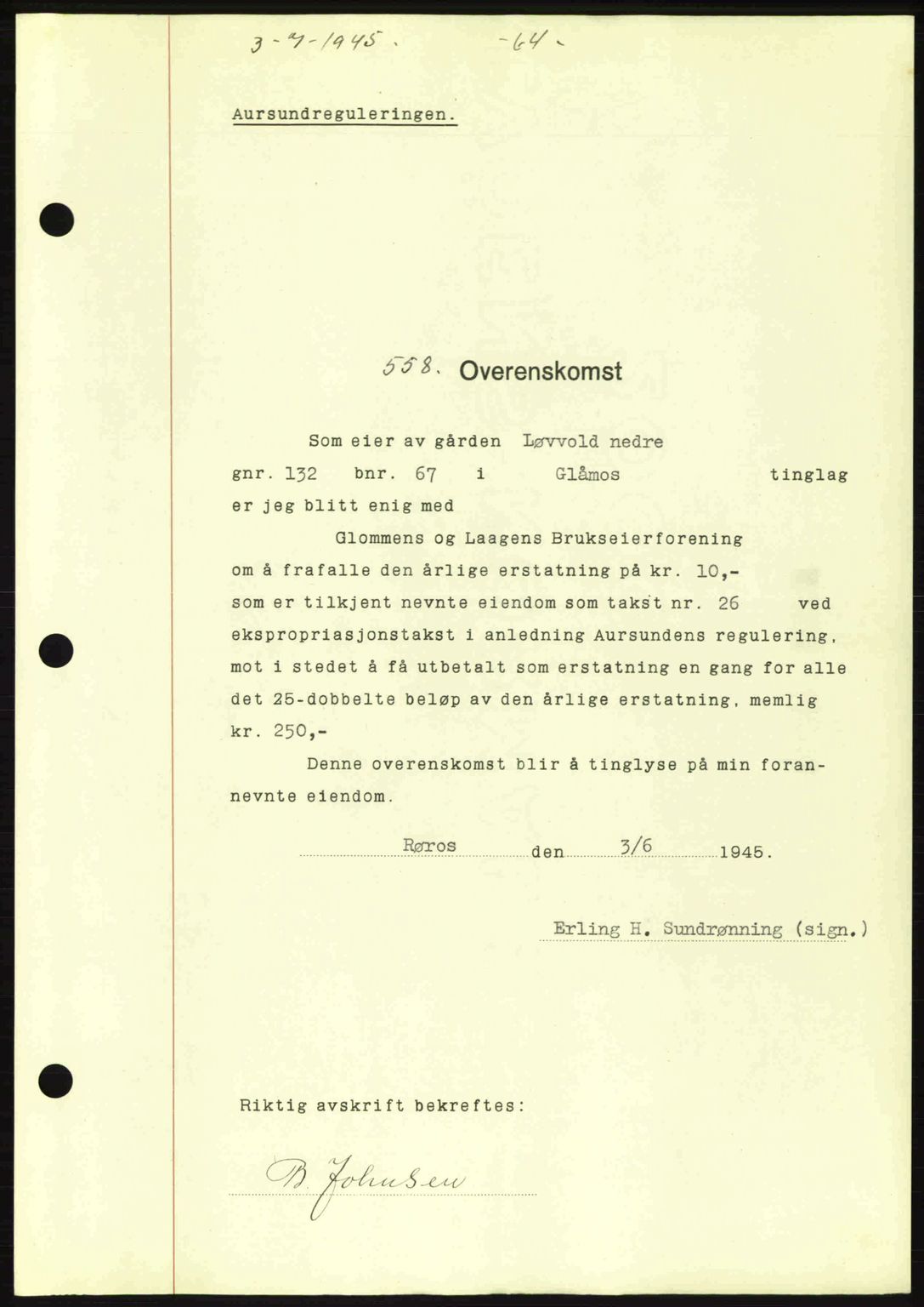 Gauldal sorenskriveri, SAT/A-0014/1/2/2C: Pantebok nr. A1a, 1945-1945, Dagboknr: 558/1945