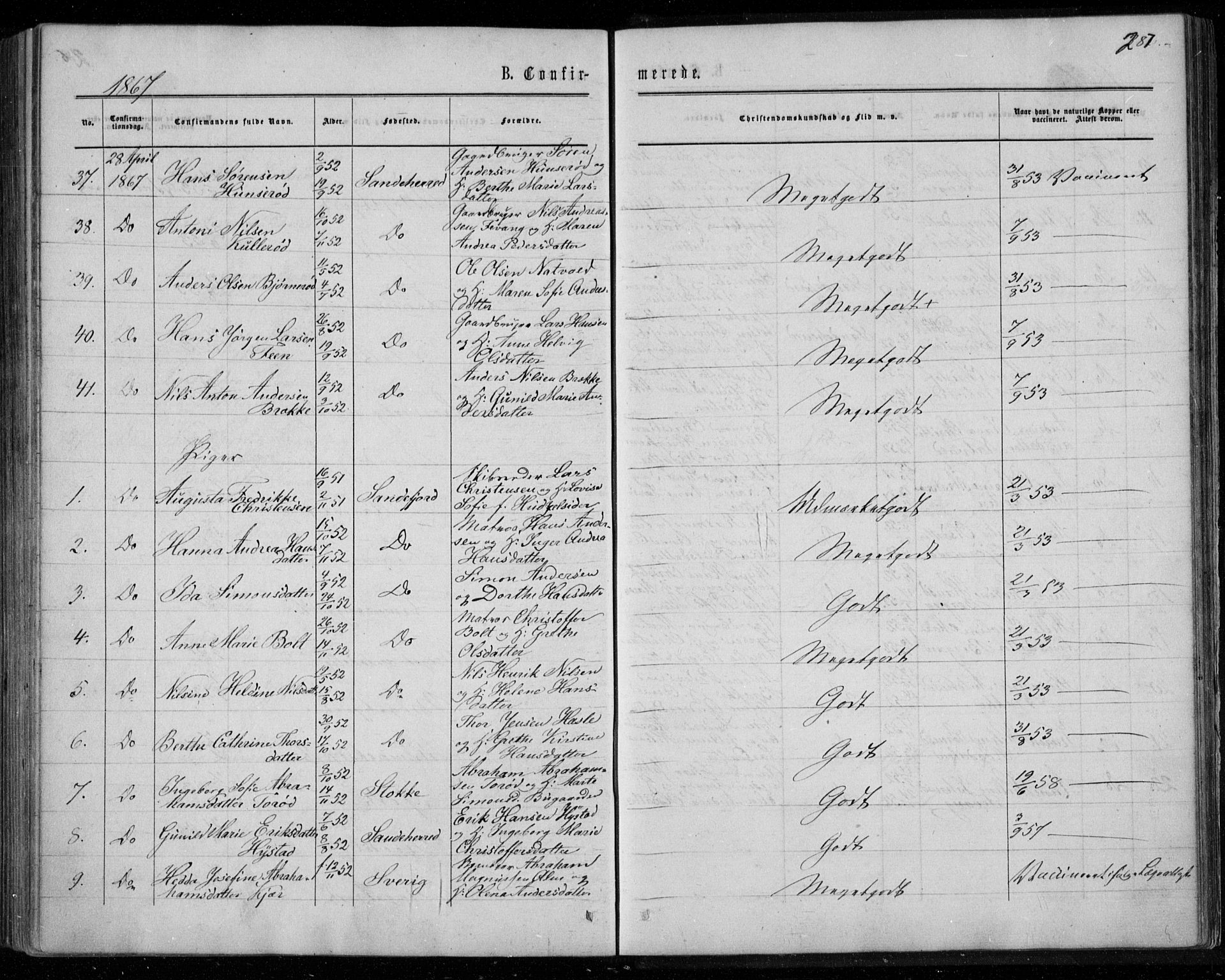 Sandar kirkebøker, AV/SAKO-A-243/F/Fa/L0008: Ministerialbok nr. 8, 1862-1871, s. 287