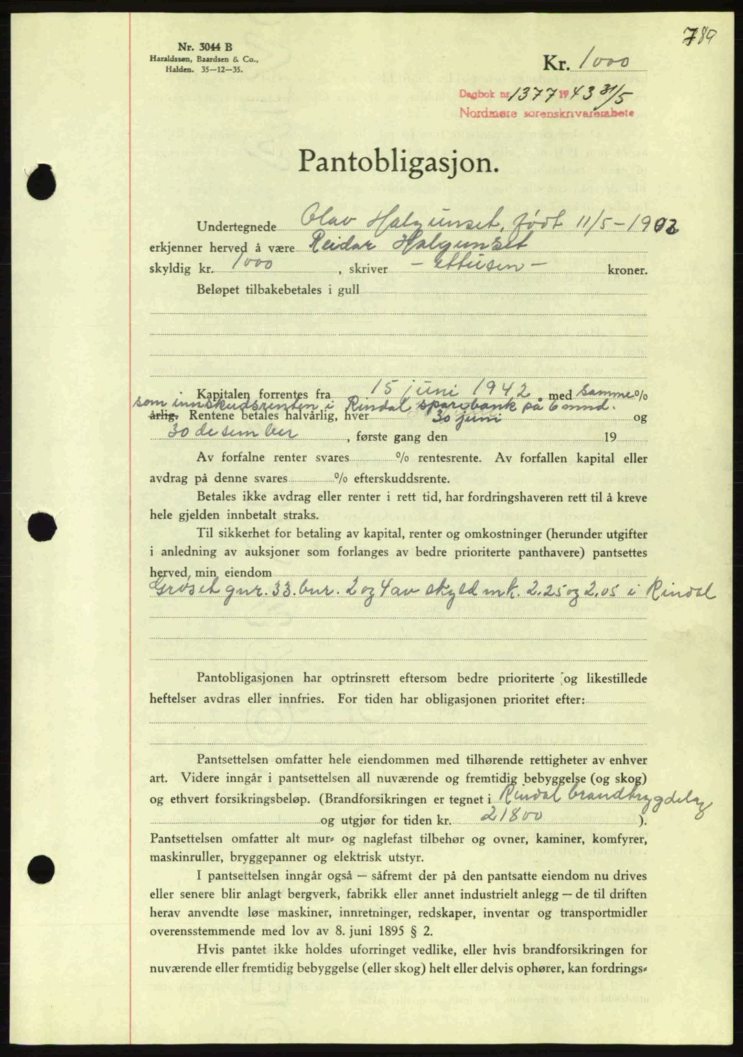 Nordmøre sorenskriveri, AV/SAT-A-4132/1/2/2Ca: Pantebok nr. B90, 1942-1943, Dagboknr: 1377/1943