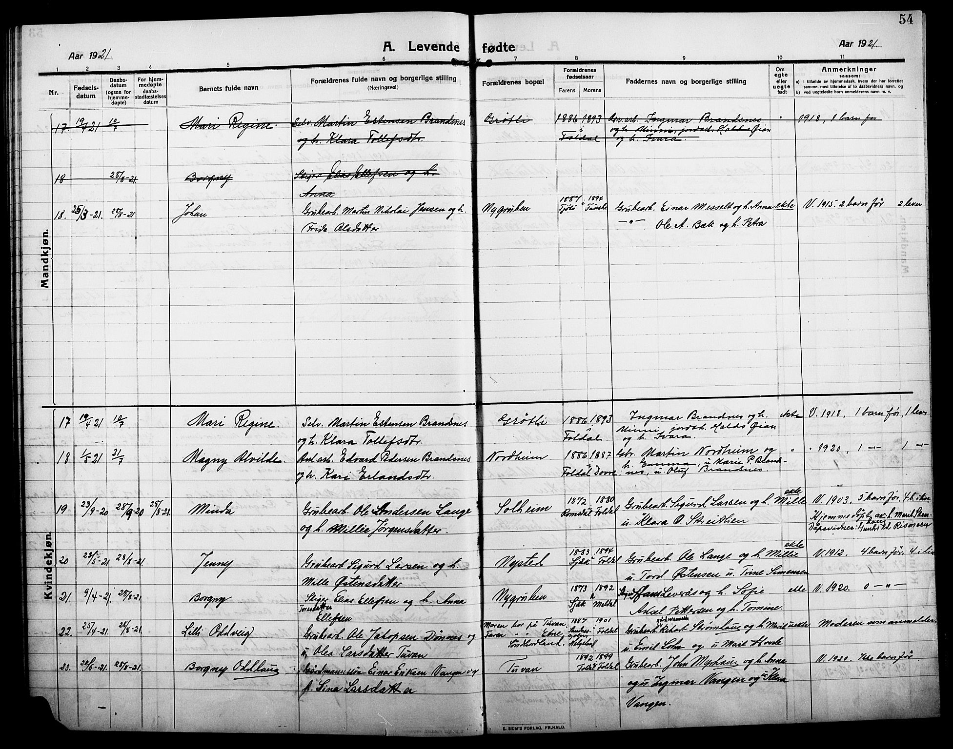 Alvdal prestekontor, AV/SAH-PREST-060/H/Ha/Hab/L0006: Klokkerbok nr. 6, 1910-1924, s. 54